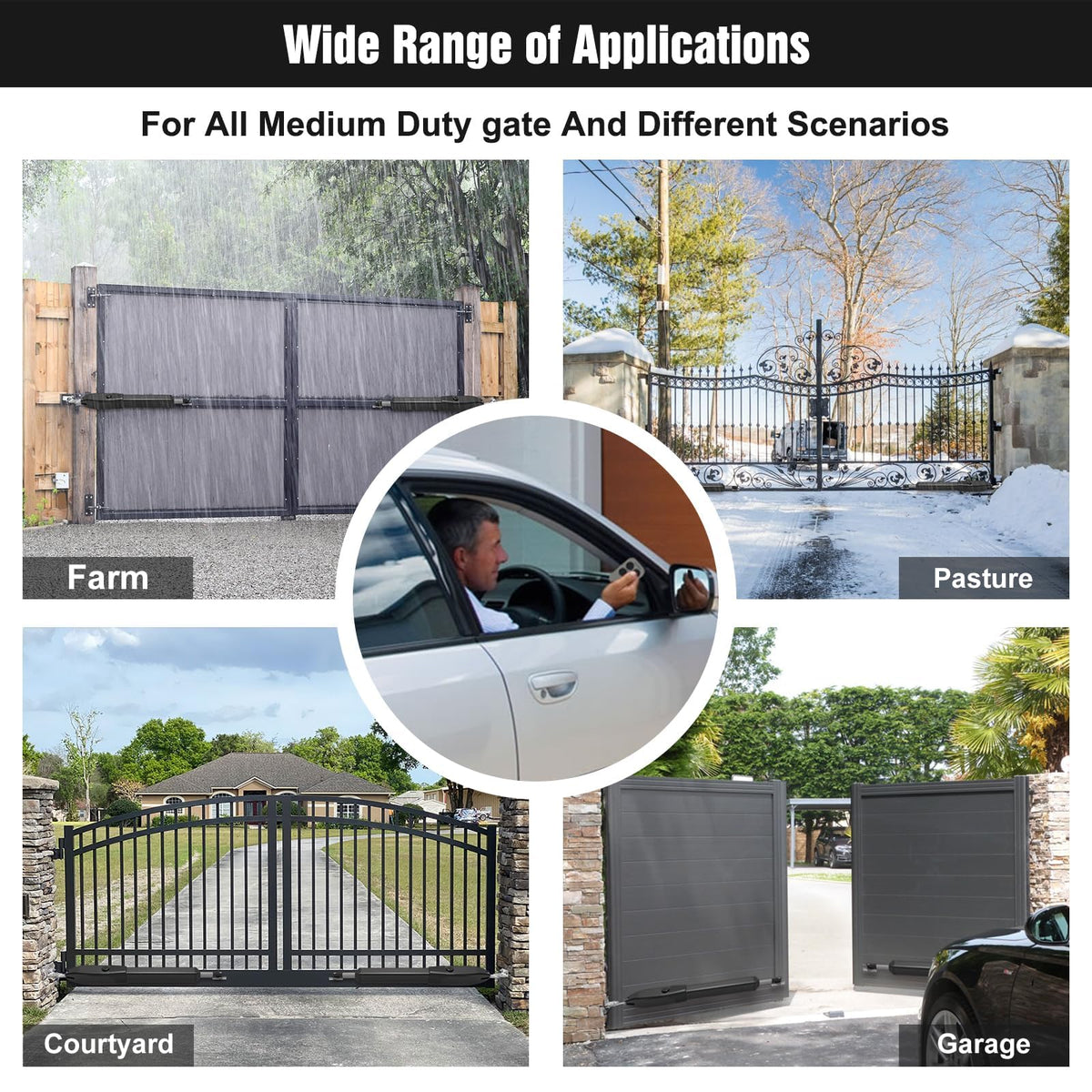 JUJIANG C026 Solar Gate Opener with Batteries & Solar Panel for Single Swing Gates Up to 770lb 16FT Automatic Gate Openers with Remote Complete Kit Medium Duty Automatic Gate Openers Solar Powered