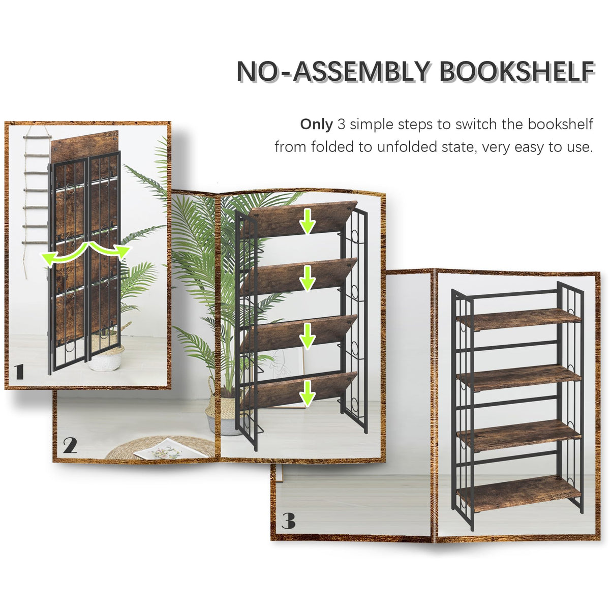 4NM No Assembly 4 Tiers Folding Bookshelf, 47.2" H Foldable Storage Shelves Vintage Bookcase Standing Racks Study Organizer Home Office - Rustic Brown Black