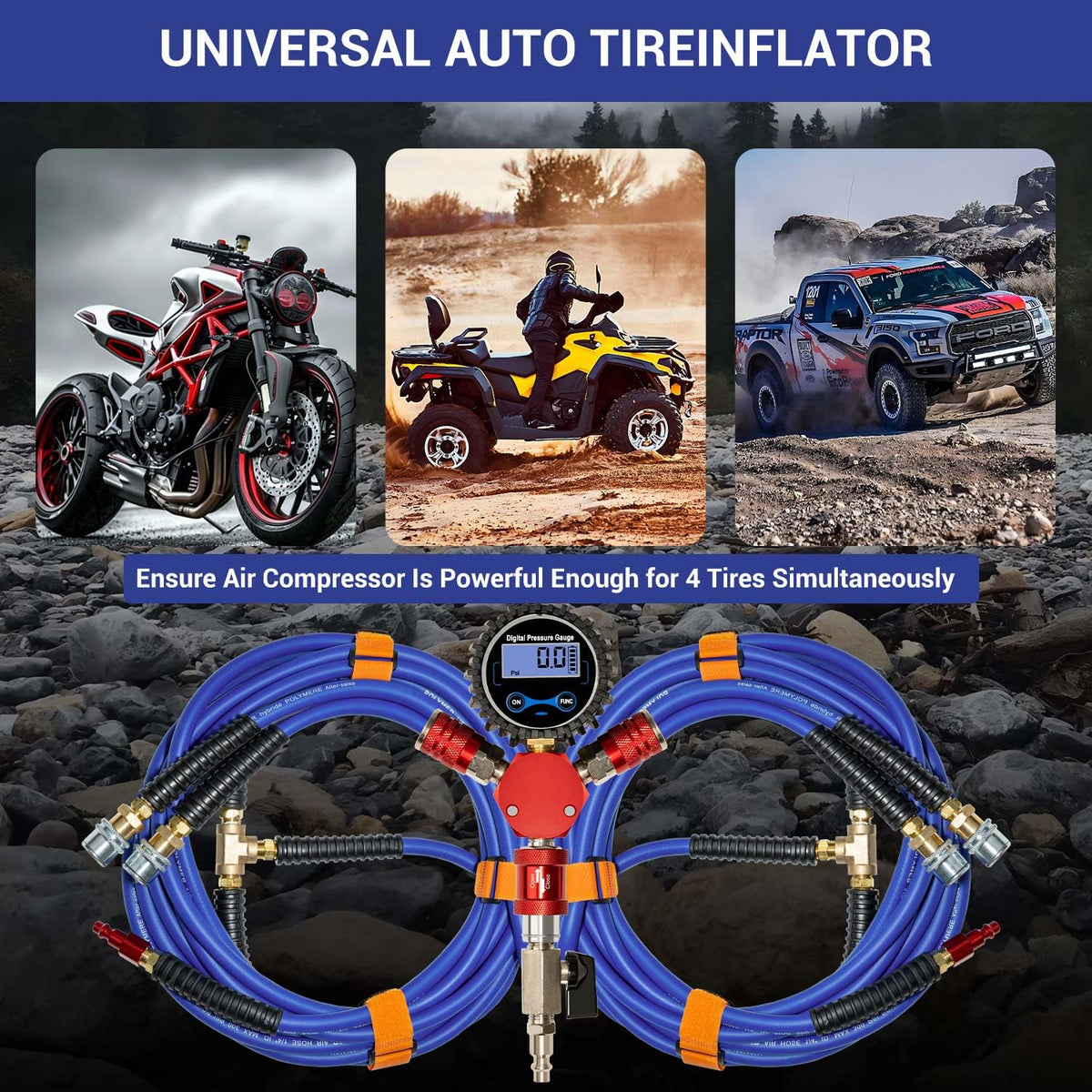 FACFUEL 4 Tire Inflation System, Fits Up to 200" Wheelbase, Rapid High Flow 4 Way Tire Inflator with Hard Case, Lock-On Air Chucks Manifold, Digital Gauge, Portable Off Road Tire Deflator