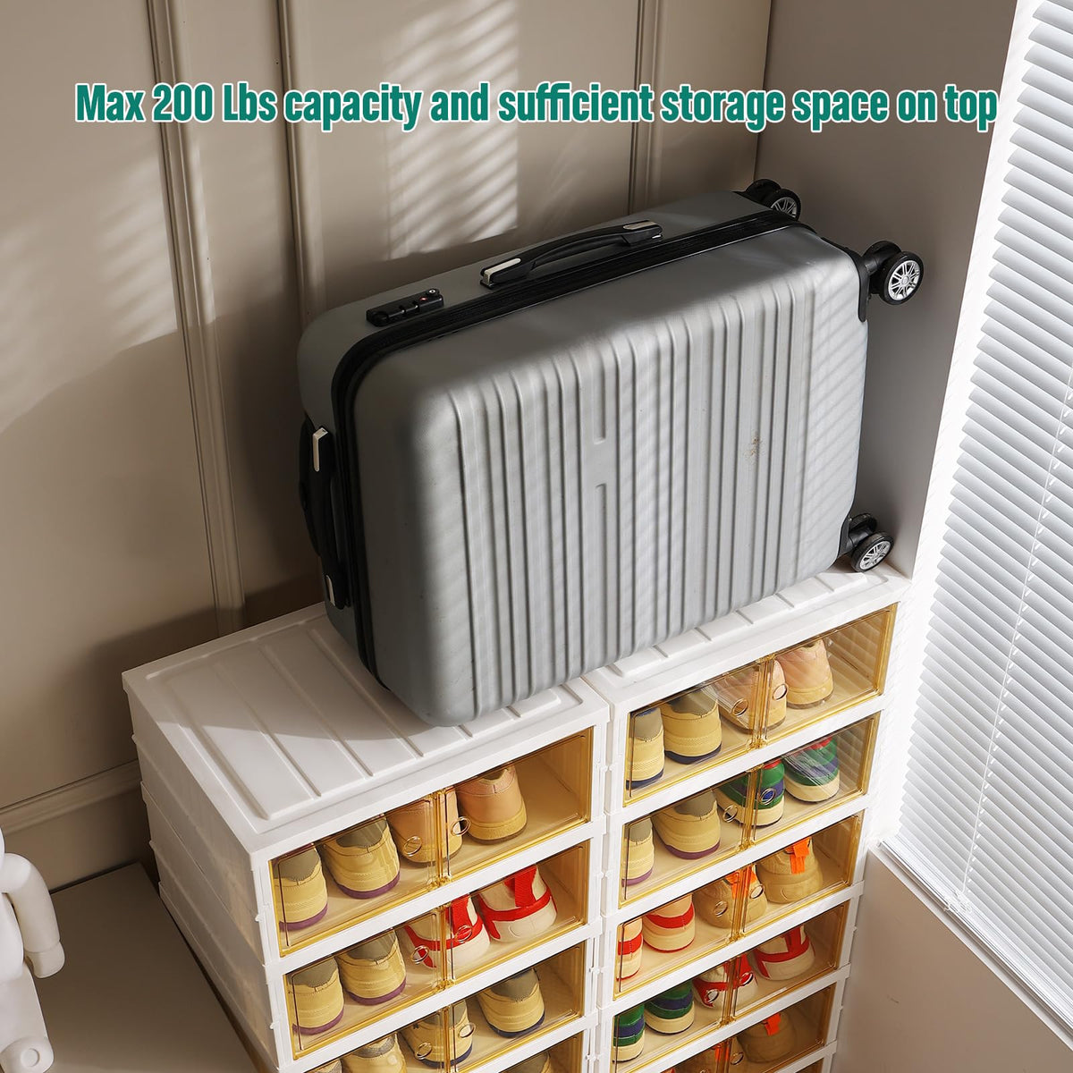Beeveer 8-Tier Foldable Shoes Rack Organizer Clear Plastic Shoes Rack for Closet Shelf Collapsible Large Storage Box Stackable Easy Assembly Shoe Cabinet with Lids and Door(for 32 Pairs)