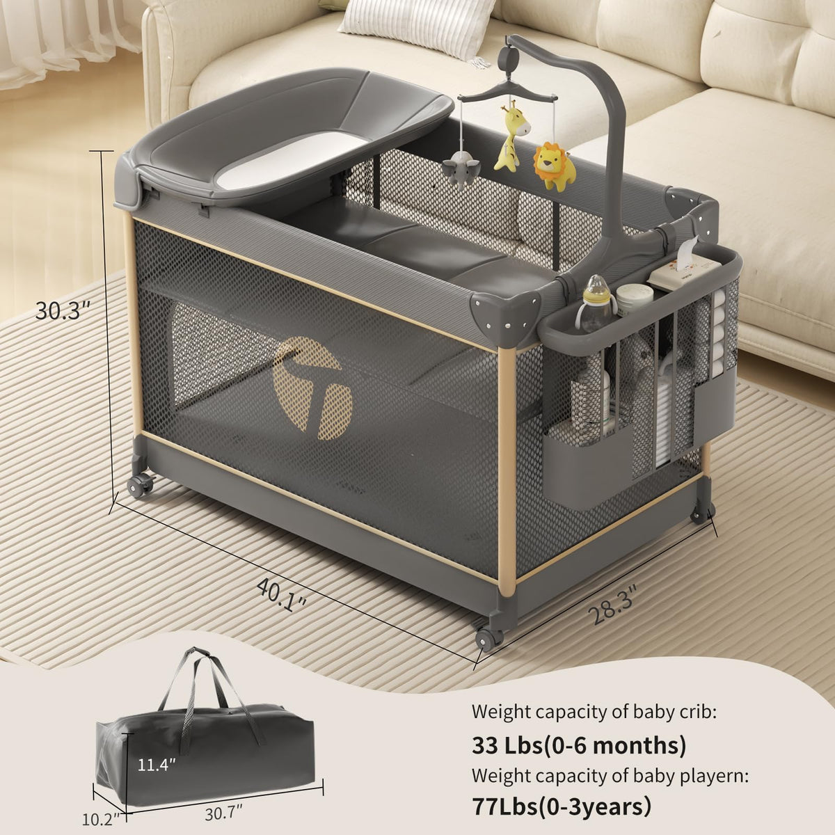 Trimigo 4-in-1 Pack and Play with Bassinet, Bedside Sleeper, Playard, and Changing Table, Folding Travel Crib with Musical Toy Rack & Bag, 4-Level Height Adjust, Newborn to Toddler(Ivy Gray)