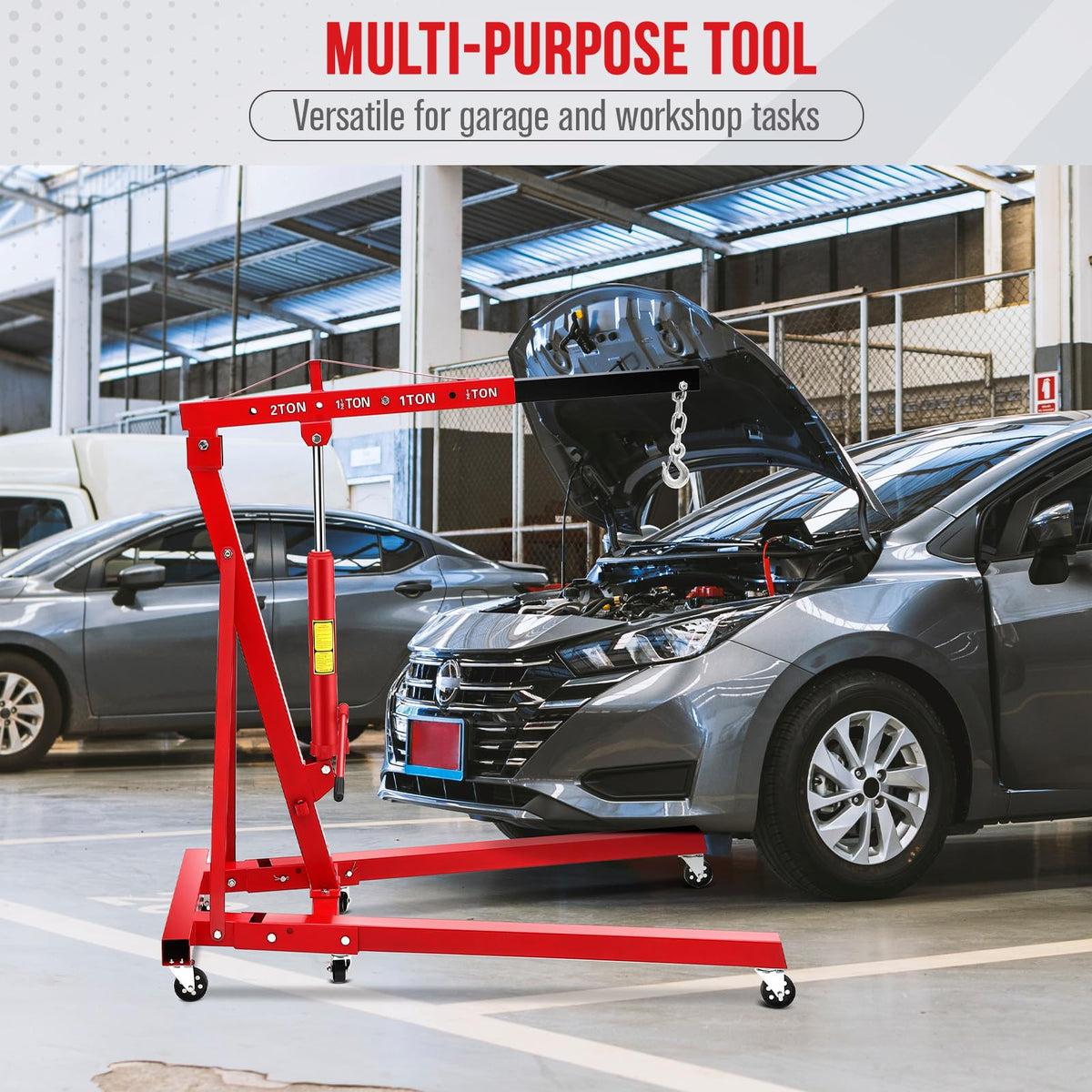 ExploreHorizon 2-Ton Folding Hydraulic Engine Hoist, Portable Engine Shop Crane with 6 Casters & Telescopic Boom, 4400 Lbs Foldable Cherry Picker Hoist Lift for Home Garage Workshop, Warehouse, Red