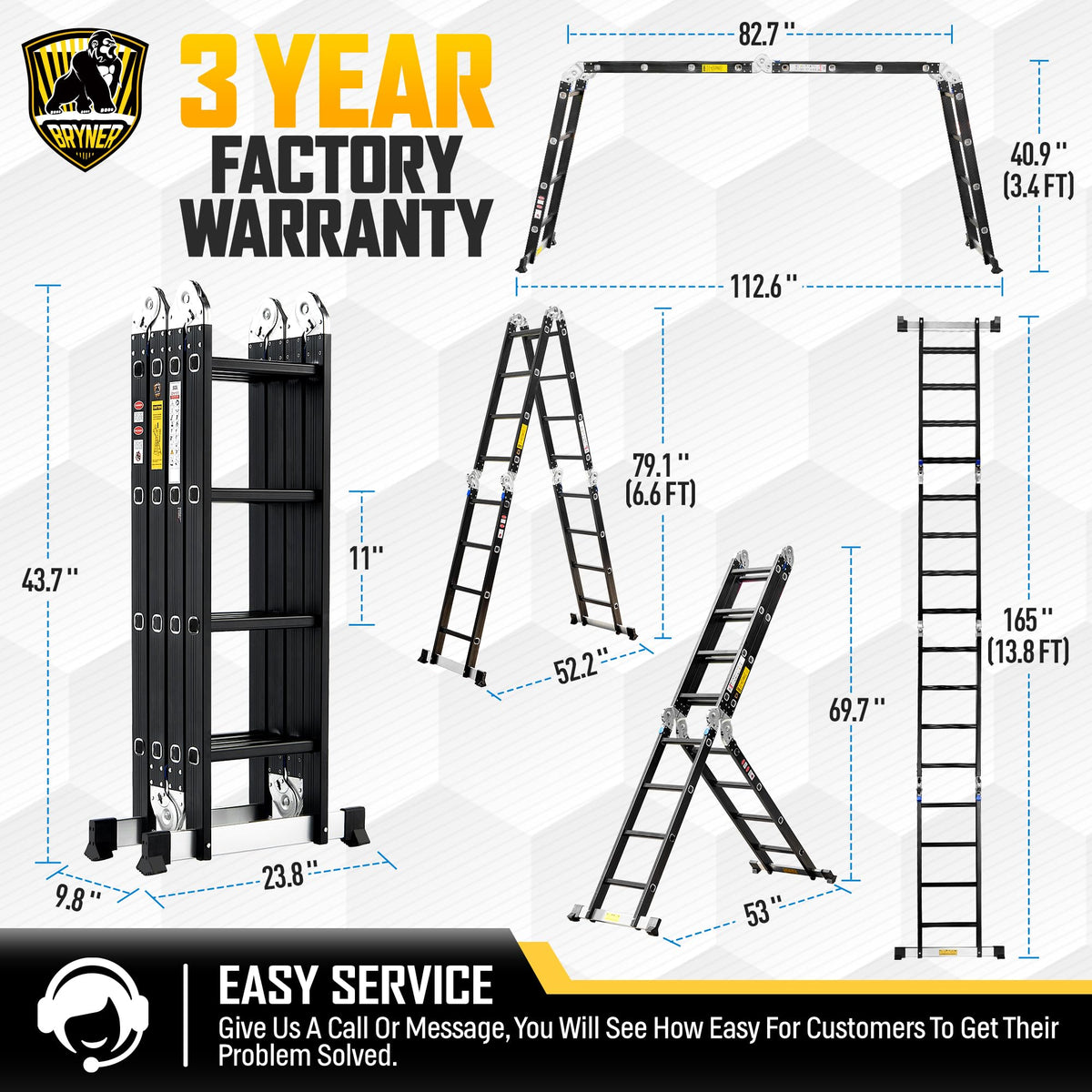 Bryner 7 in 1 Multi-Purpose Ladder Aluminium 14Ft Folding Adjustable Telescoping Step Extension Ladder Meet SGS EN 131 Standard Heavy Duty 330lbs (14Ft)