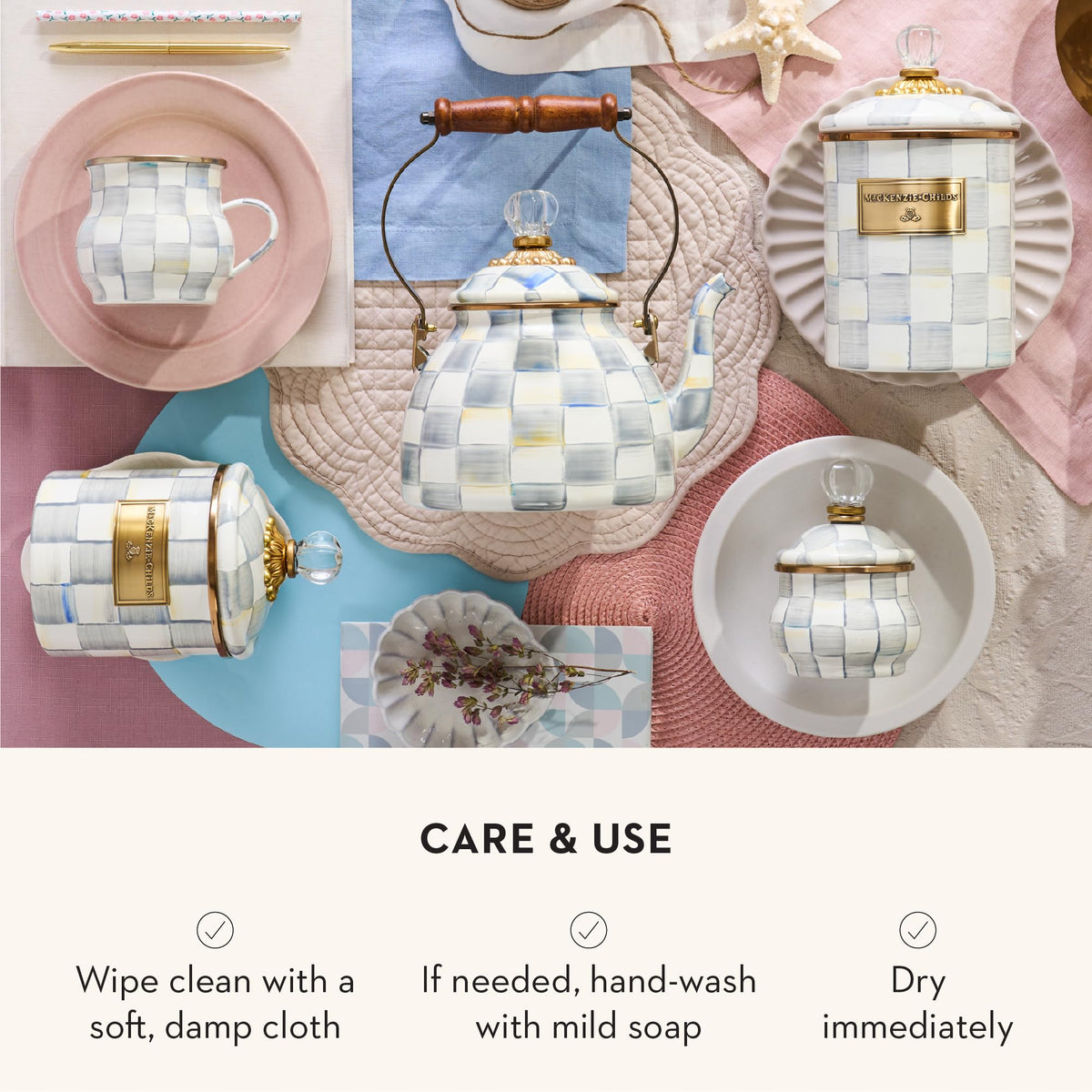 MACKENZIE-CHILDS Medium Enamel Canister Bundle with Small Enamel Canister, 48- and 38-Ounce Kitchen Containers, Gray-and-White Sterling Check