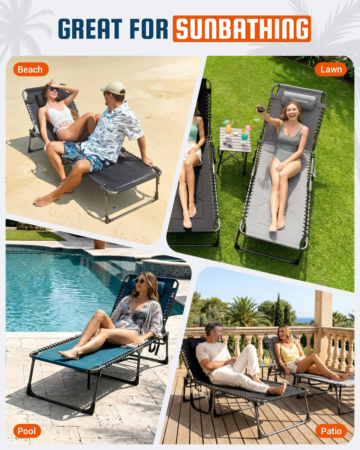 KingCamp Oversized Tanning Chair, Extra-Wide Padded Folding Chase Lounge Chairs Portable Adjustable 5-Position 440lbs Heavy Duty Lounger with Double-Layer Oxford for Outdoor Beach Patio Sun Pool Blue