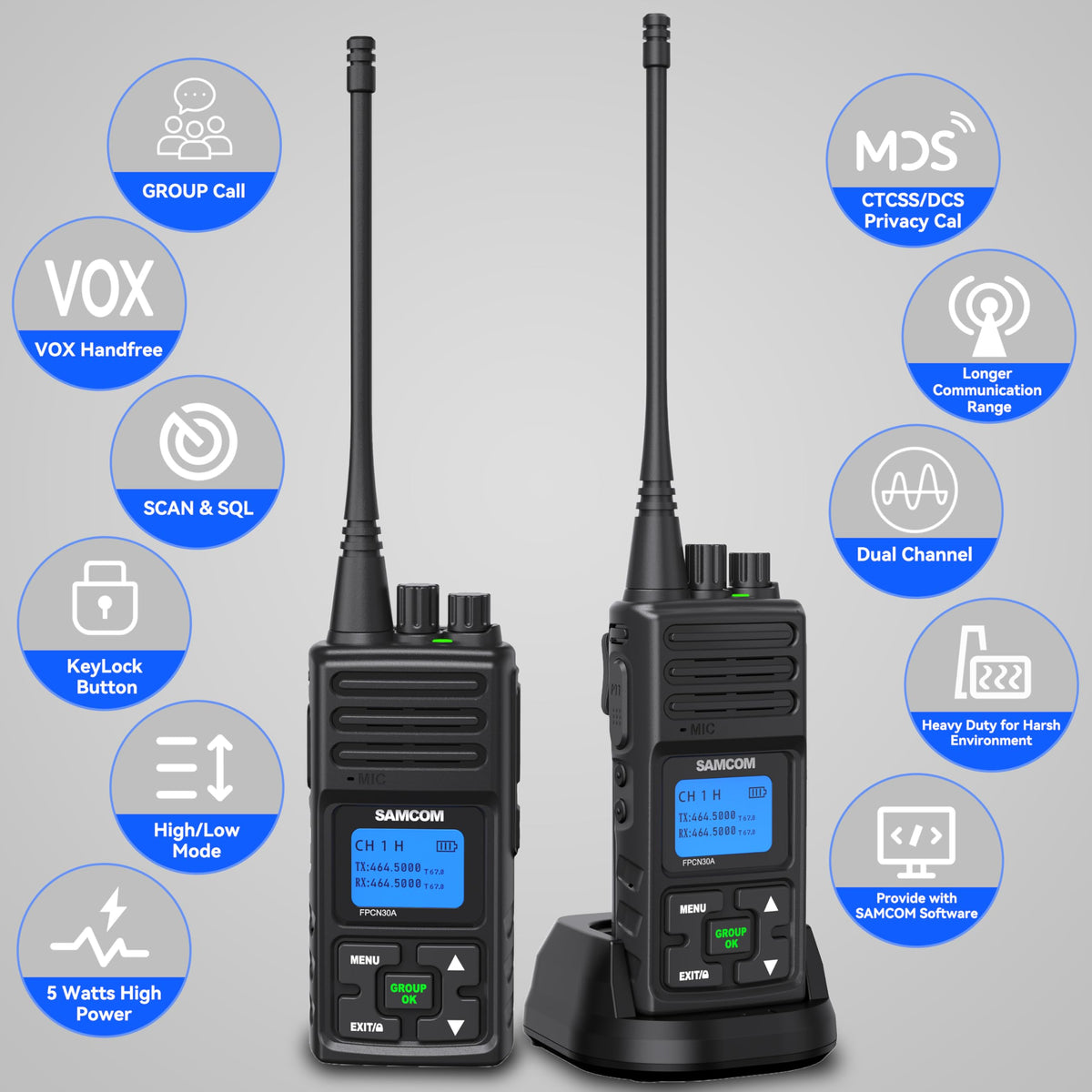 SAMCOM Heavy Duty Walkie Talkies, FPCN30A 5 Watts High Grade Professional Two Way Radio, Group Call Radios with Earpiece, 2 Way Radio Long Range for Business Outdoor Hunting (2 Pack)