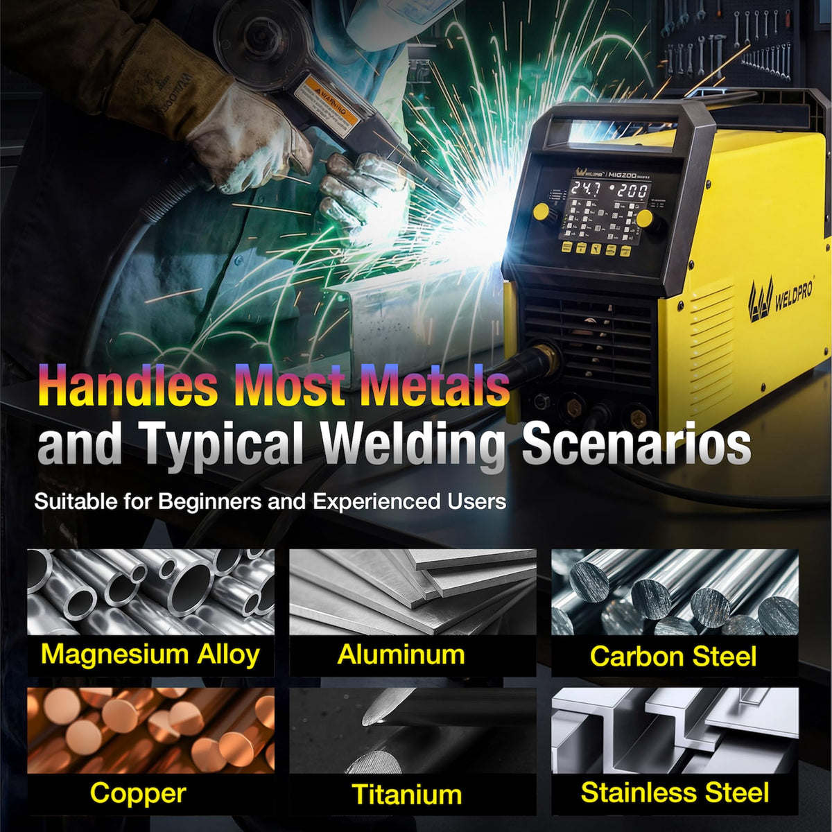 Weldpro 200 Amp MIG Welder, 110/220V 7-in-1 Manual MIG/Synergic MIG/Gasless MIG/Lift TIG/MMA/Spot/Spool Gun Aluminum Multi-process Welding Machine with Large LED Display, IGBT, 2T/4T, Spool Gun