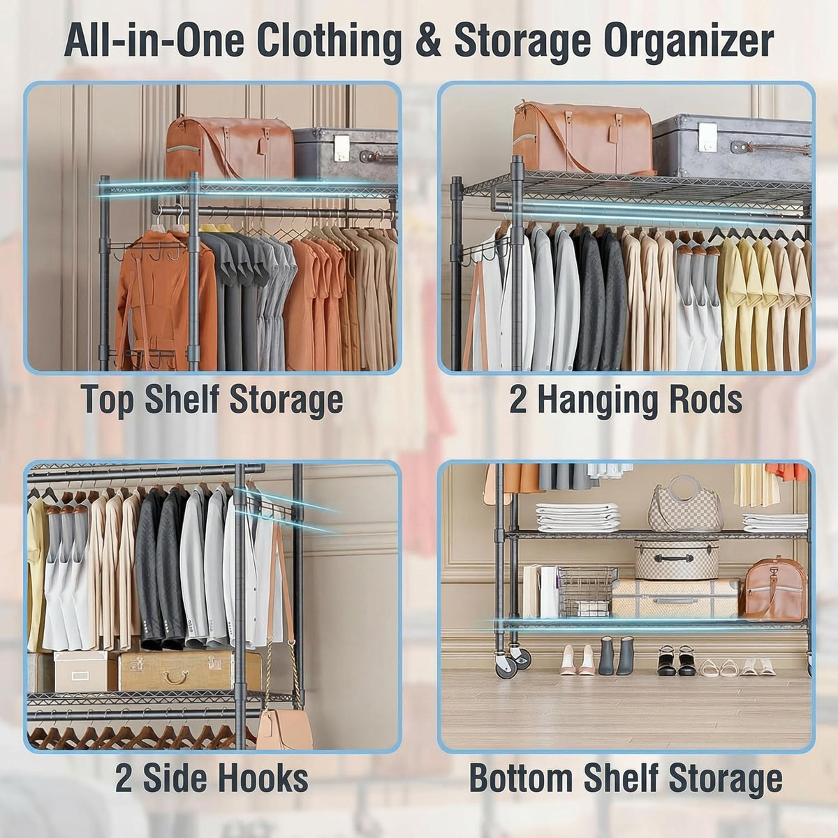 Homdox Rolling Clothes Rack Heavy Duty, 3-Tier Adjustable Wire Shelving Garment Organizer with Double Rods & Hooks, Portable Clothes Rack with Wheels, 17.72" D x 47.24" W x 80.71" H, Grey