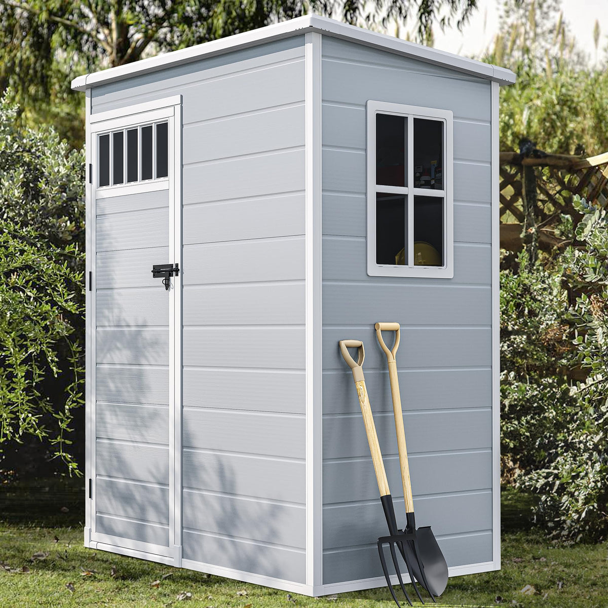 DWVO Outdoor Storage Shed, All-Weather Resin Plastic Storage Shed with Windows, Slanted Roof, Raised Floor, Capacity for Garden Tools & Equipment, Ideal for Backyard & Garden (Gray, 5X3FT)