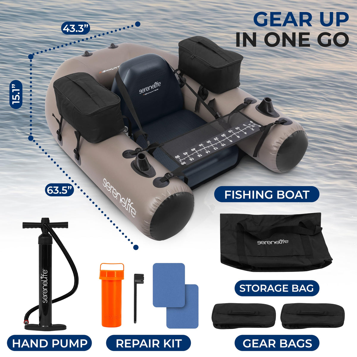 Serenelife Inflatable Fishing Float Tube – PVC Belly Boat for Angling with Fishing Rod Holders, 2 Waterproof Storage Pockets, Fish Ruler, 220 lbs Capacity