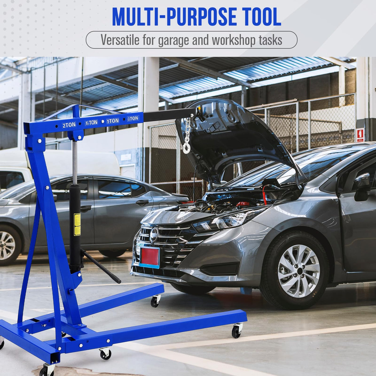 Hydraulic Engine Hoist with Lever 2 Ton (4400LB), Heavy Duty Folding Shop Crane w/ 6 Swivel Casters & Telescopic Boom, Adjustable Lifting for Engines, Transmissions | Garage, Workshop, Factory, Blue