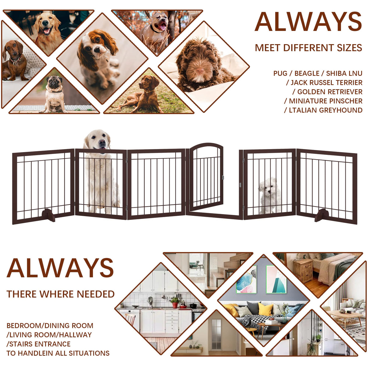 JSB 144-inch Extra Wide 30-inch Tall Dog gate with Door Walk Through, Freestanding Pet Gate for Halls, Stairs & Home, Pet Puppy Safety Dog Fence with 2PCS Support Feet (Espresso)