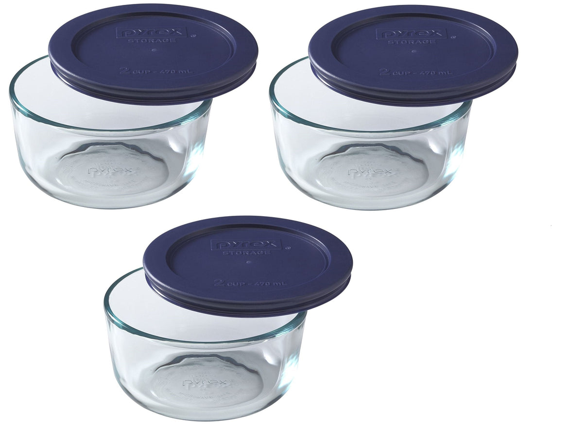 Pyrex 7200 2-Cup Glass Bowl & 7200-PC Dark Blue Lid (3-Pack) - Made in USA