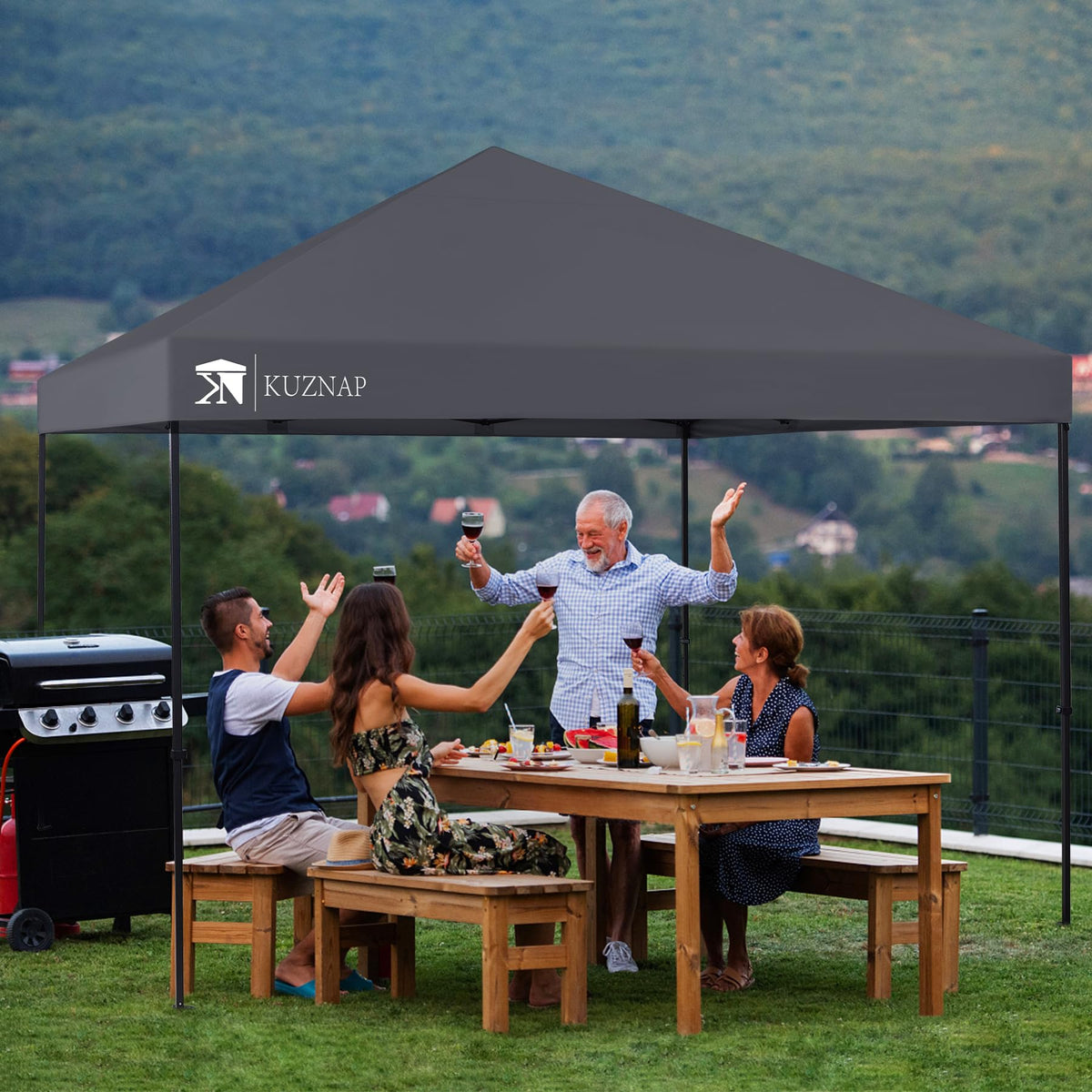 KUZNAP 12’x12’ Pop up Canopy Tent Patented EZ Set up Instant Outdoor Canopy with Wheeled Carry Bag Bonus 4 Weight Sandbags, 8 Stakes and 4 Ropes, Grey