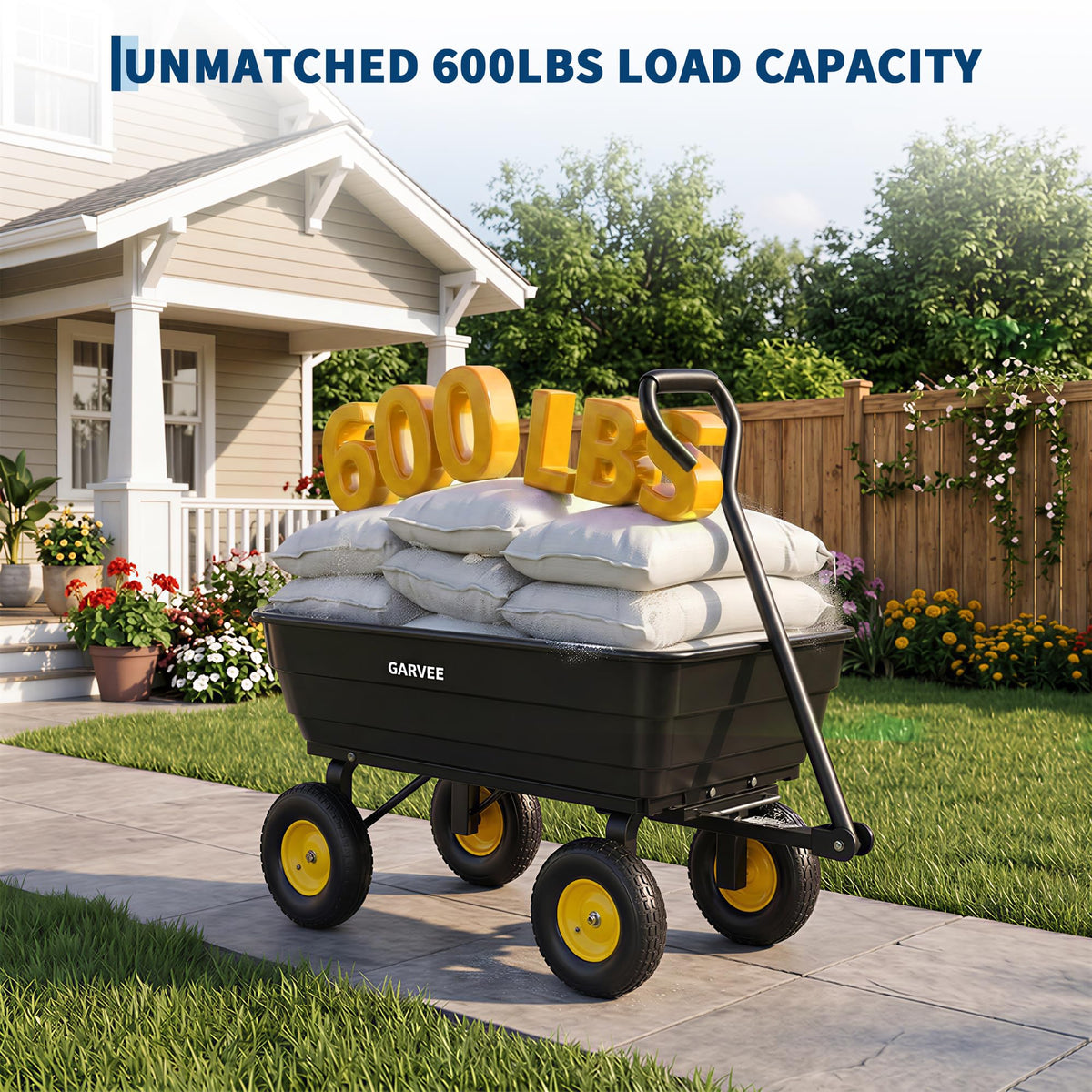 GarveeLife Poly Garden Dump Cart, 600 lb Wheelbarrow Yard Cart with 10 in Wheels, Quick-Dump & Towable Utility Wagon for Yard, Soil, Rocks(Black)