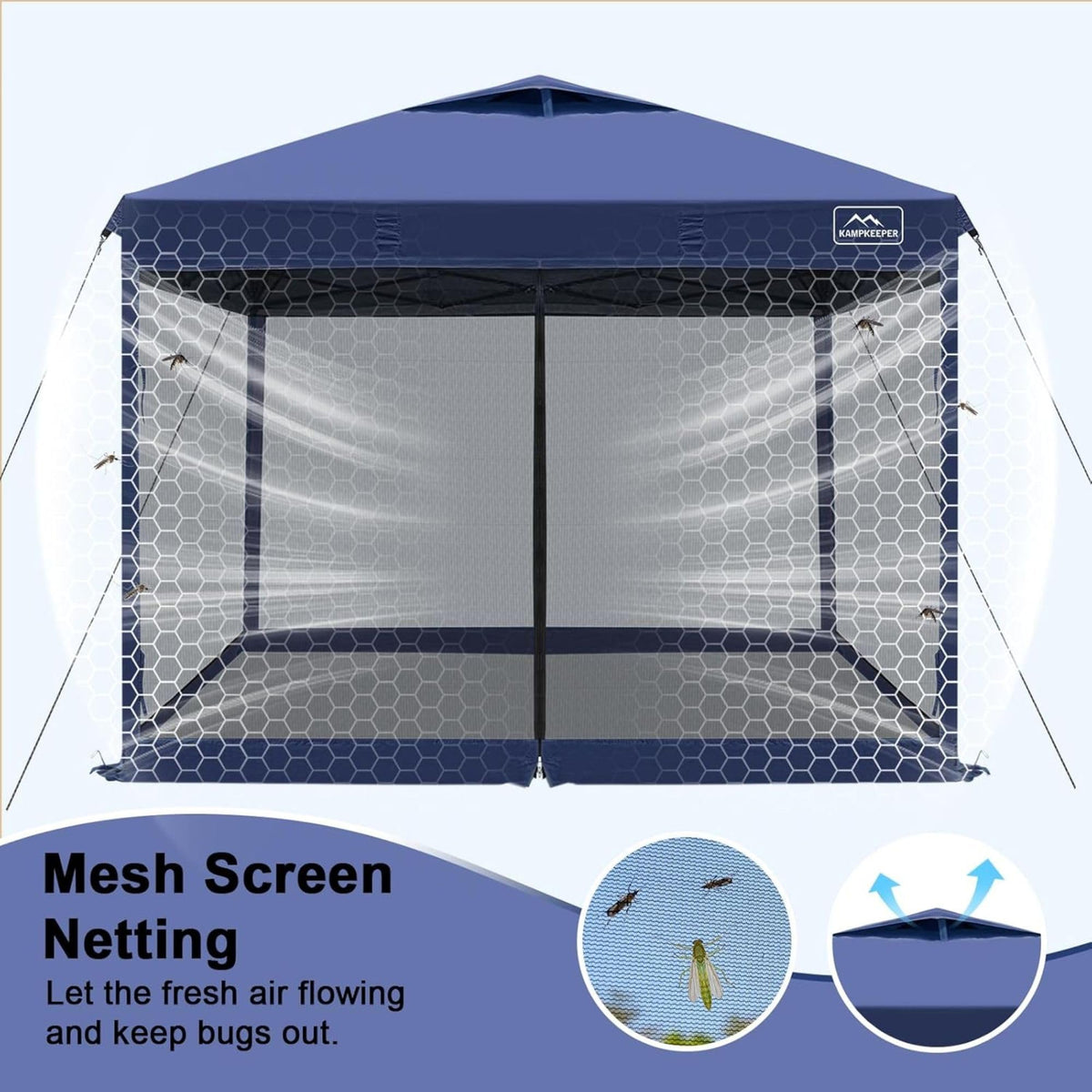 KAMPKEEPER 10x10 Pop-Up Canopy Tent, Waterproof Portable Shade with Screen Walls, Adjustable Instant Outdoor Shelter for Camping, Backyard, and Events, Navy Blue