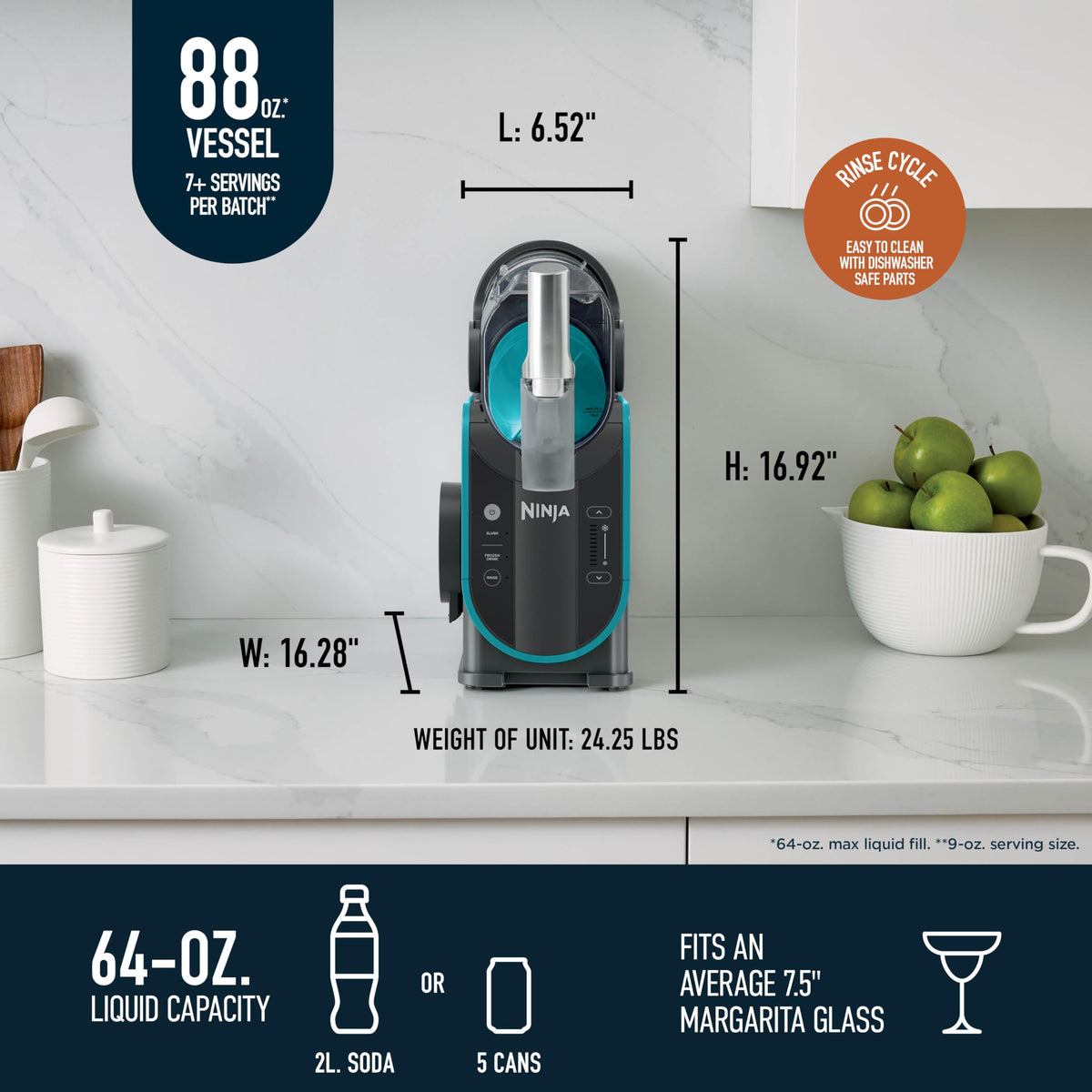 Ninja SLUSHi Professional Frozen Drink Maker with RapidChill Technology, 88 oz. Frozen Drink & Slushie Machine, 2 Preset Programs, Frozen Margaritas, and More, Premium Accents, Teal, FS299