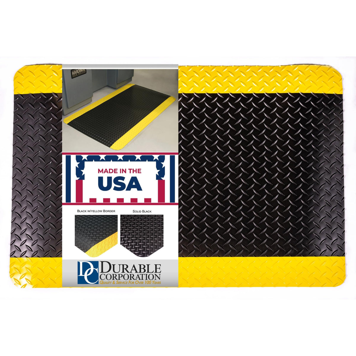 Durable Corporation Vinyl Heavy Duty Diamond-Dek Sponge Industrial Anti-Fatigue Floor Mat, 3' x 5', Black with Yellow Border