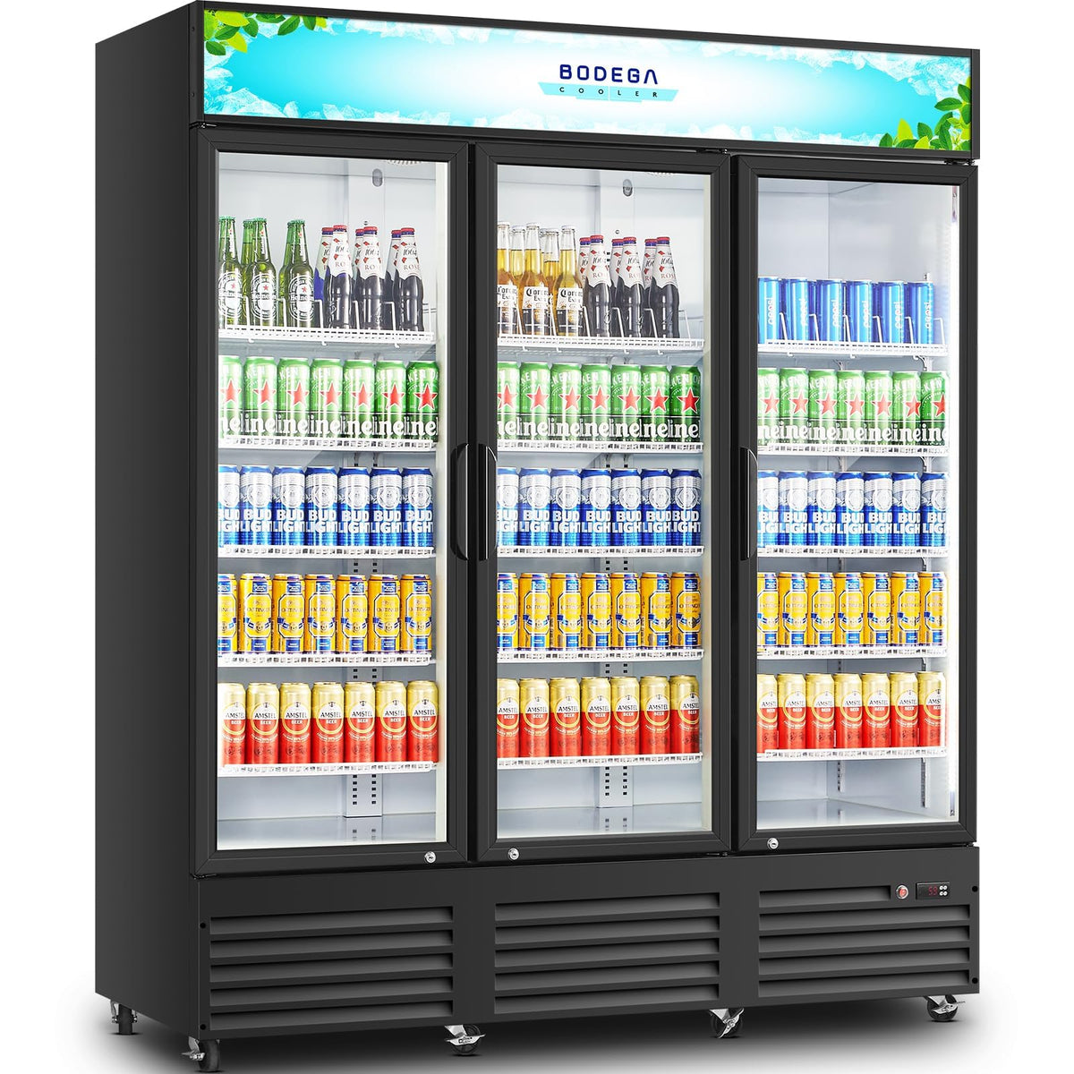BODEGACOOLER Commercial Merchandiser Refrigerator,3 Glass Door Commercial Beverage Refrigerator, Beverage Display Cooler with Soft LED Light, Adjustable Shelves and 8 Strong Castors, 53 Cu. Ft,Black