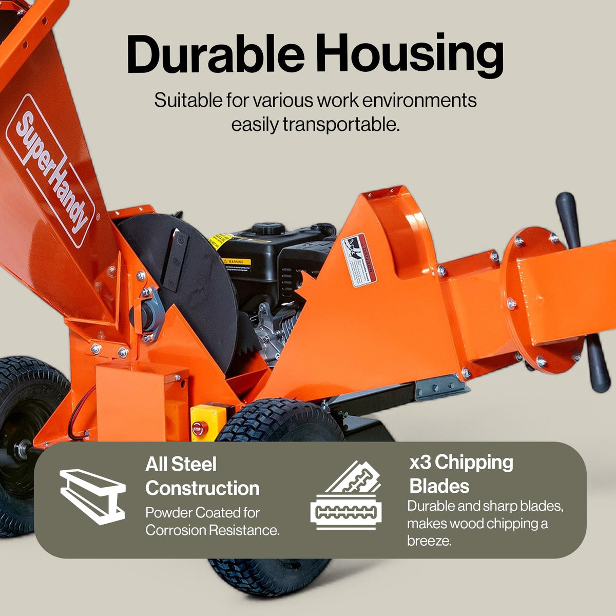 SuperHandy Towable Wood Chipper – 4 in. Chipping Capacity, 15HP Gas Engine, 13 in. Wheels, Electric Start, Trailer-Ready with 2 in. Coupler
