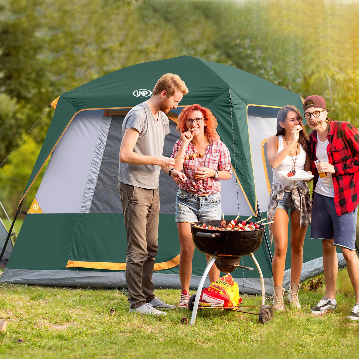 UNP 4-Person Tent, Portable Cabin Tent, Camping Tent 4-Person Easy Set Up, Waterproof with Top Rainfly for Outdoor Camping/Hiking (Dark Green)