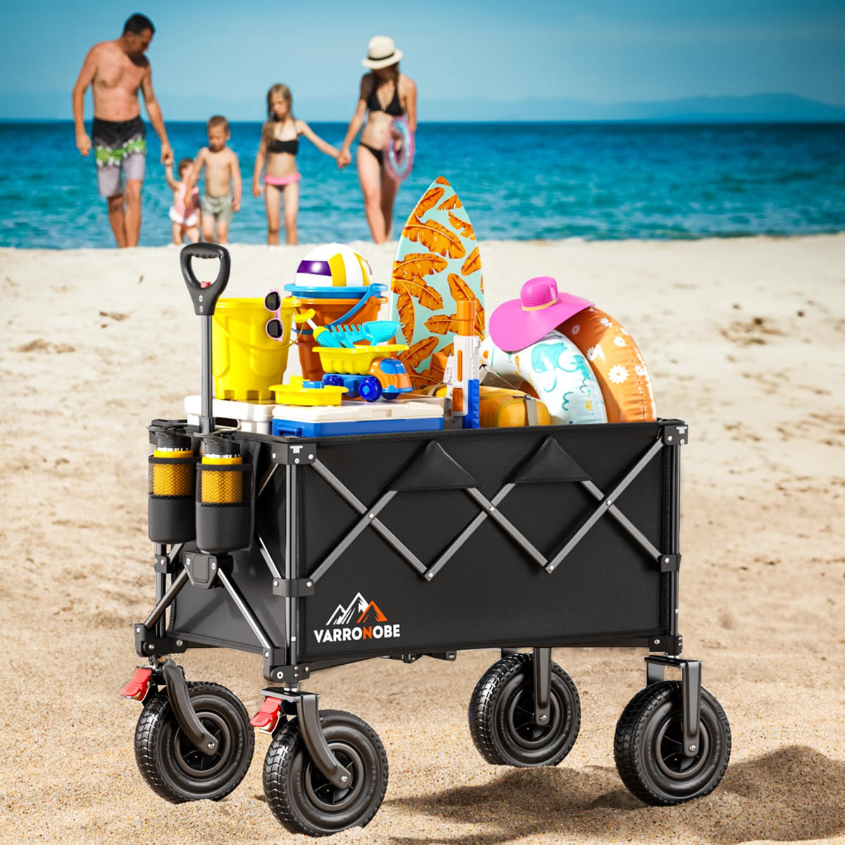 Big Rubber Wheels Beach Wagon Cart Foldable, 9x3 All-Terrain Wheels, Heavy Duty Collapsible Utility Wagon with 330lbs Capacity, 180L Storage, Compact, Easy Transport for Sand Camping Sports, Black