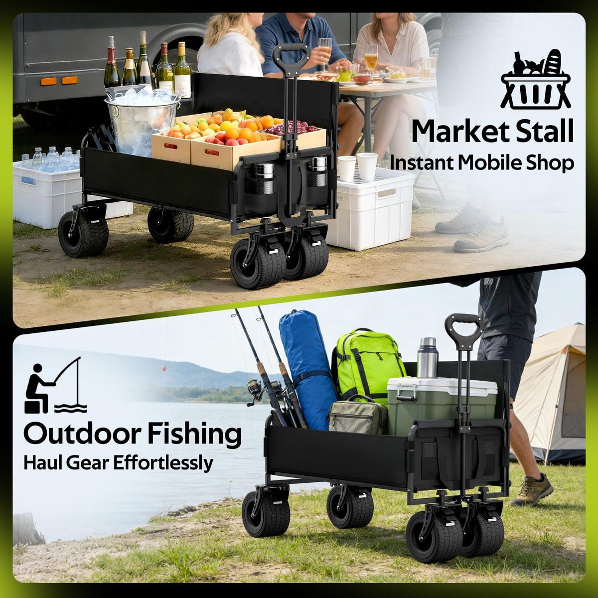 Beach Wagon with Seats, Heavy Duty Wagon Bench Seat Combo with Anti-Collapse Backbar, 2-in-1 Collapsible Lounge Cart for Sand Outdoor Camping, Carbon Steel 500lbs, Black
