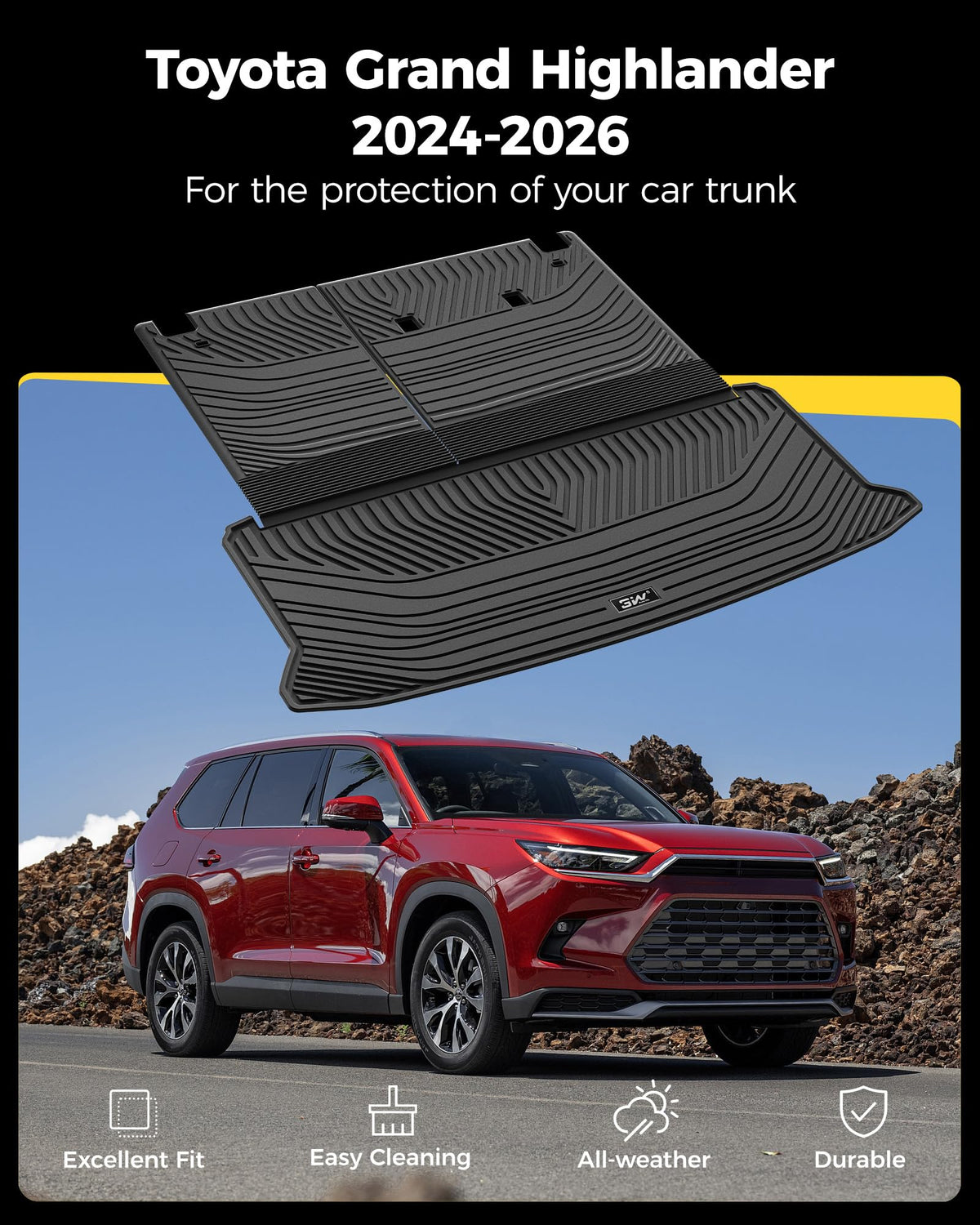 3W Cargo Liner Fit 2024 2025 2026 Toyota Grand Highlander 7 Seat with Subwoofer(Include Hybrid), Trunk Mat and Seat Back Covers TPE All Weather(Not for Hybrid MAX Model)
