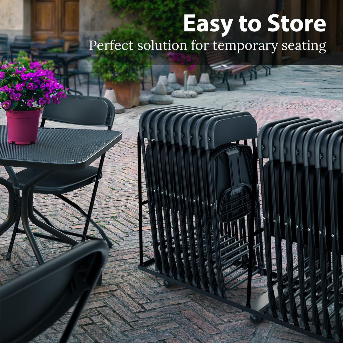 Our Modern Space 10 Pack Foldable Plastic Chair | Folding & Stackable | 350 lbs Capacity Steel Frame Seats for Indoor Outdoor | Commercial Use Events Wedding Party Bulk Picnic Kitchen Dining - Black