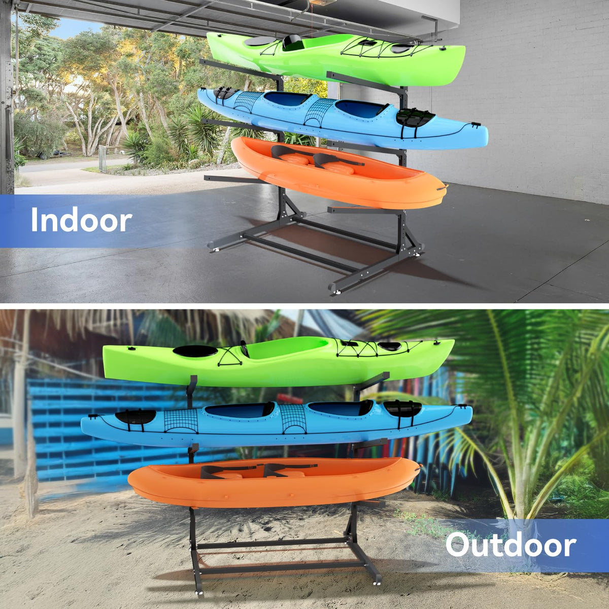RDCMKL Freestanding Kayak Storage Rack for Outside, Heavy Duty Kayak Storage Hanger for Garage, Adjustable Kayak Stand Outdoor, Canoes, Surfboard & Paddleboard (3 Levels)