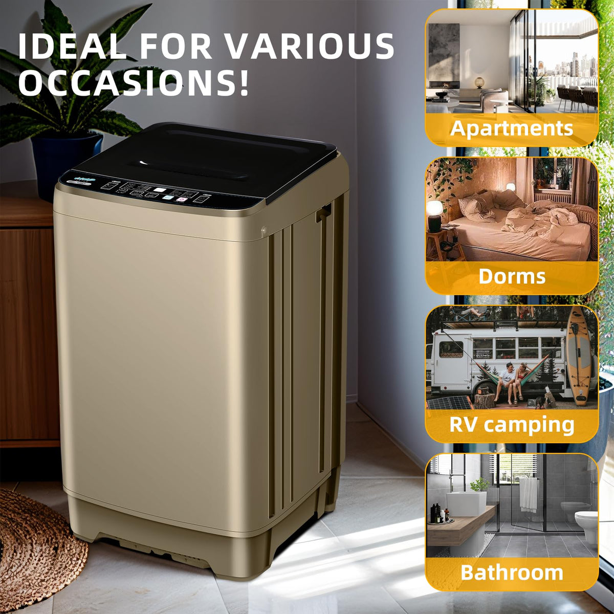 Qhou Full-Automatic Washing Machine, 15.6lbs Capacity Portable Washer, with Drain Pump, LED Display/8 Water Levels Selections/10 Programs Compact Laundry Washer for RV, Camping, Apartment, Dorm(Gold)