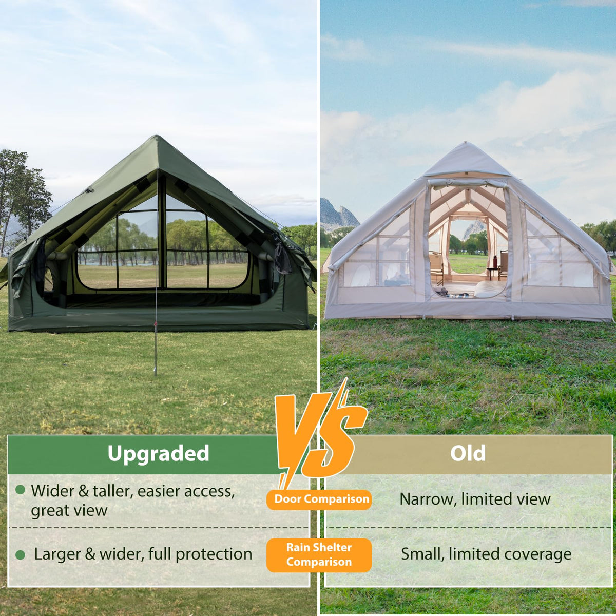 WaldZimmer Inflatable Camping Tent 12sq Green with Hand Pump Easy Setup Waterproof Windproof Outdoor Blow up Tent 6-8 Person Oxford 4 Season Glamping Air Tents Cabin House with Mesh Windows & Door