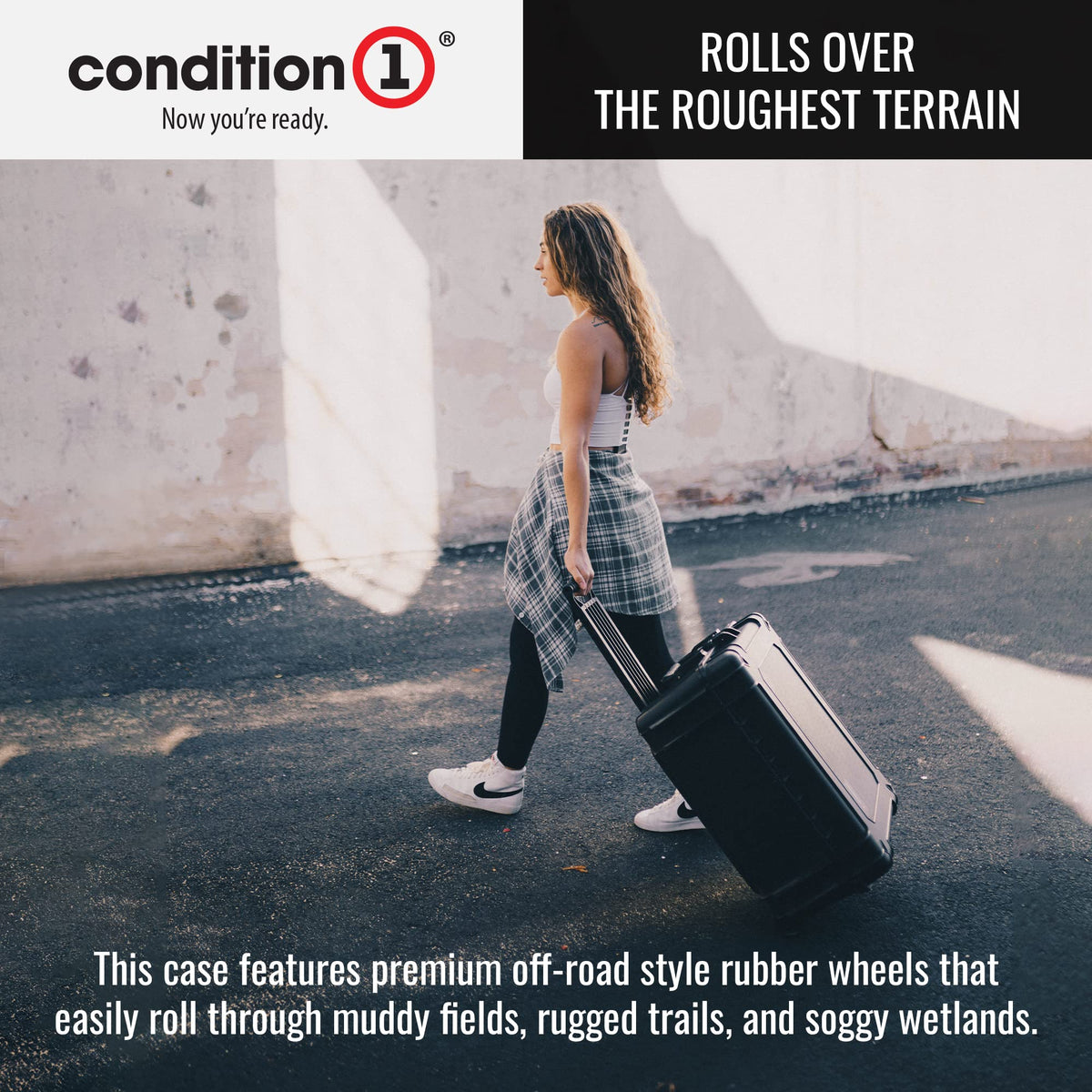 Condition 1 31" Large Waterproof Rolling Hard Travel Case Model 1258 with Wheels, Plastic Lockable, for Electronics, Tactical Gear, Made in USA, 31.6"x20.1"x12.66" Black