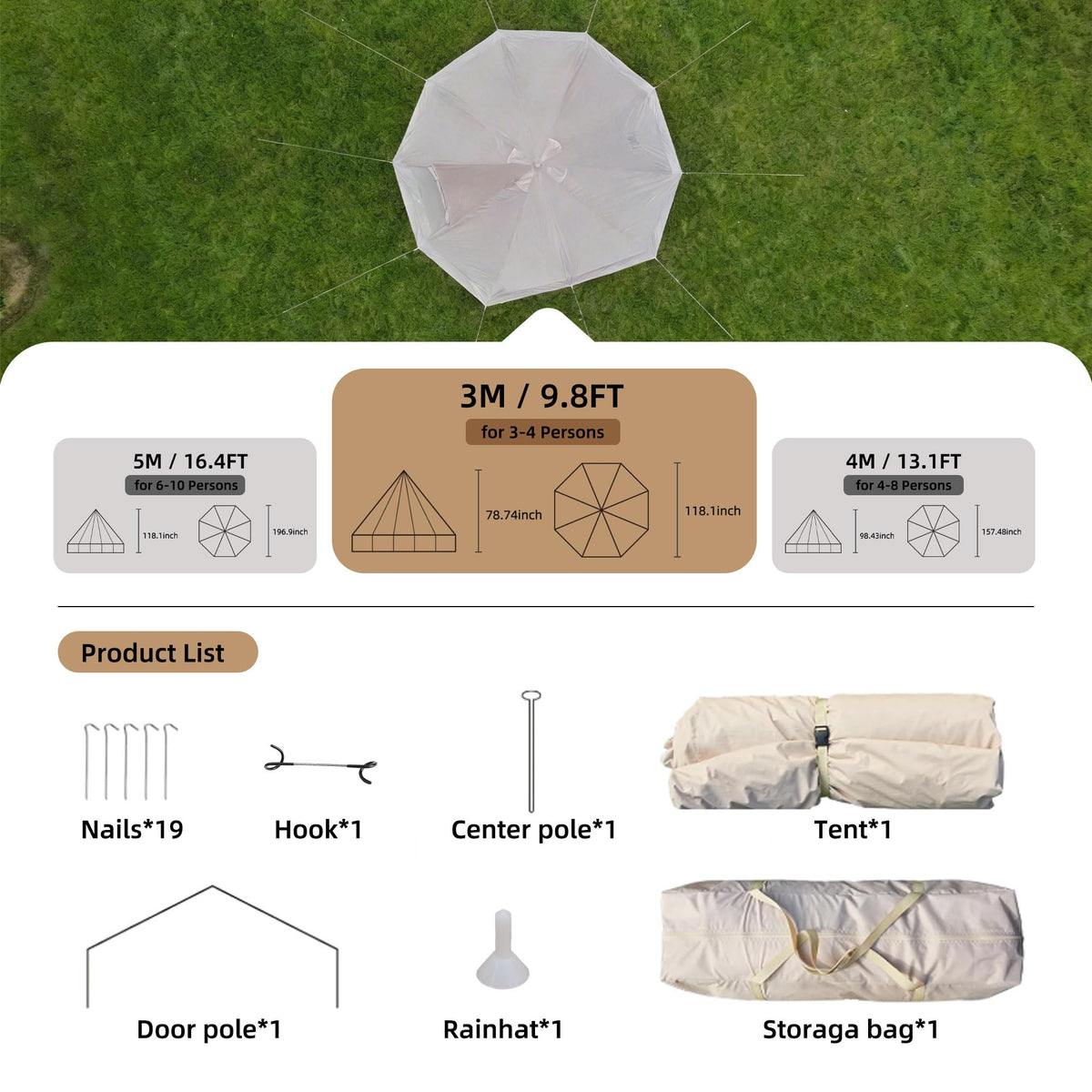 KEIKI 4 Season Canvas Bell Tent 9.8 FT Waterproof All Weather Glamping Yurt Tent, Luxury Hot Tent Stove Jack, Breathable Compact Family Camping Teepee for 4 People Outdoor Music Festival, Beige