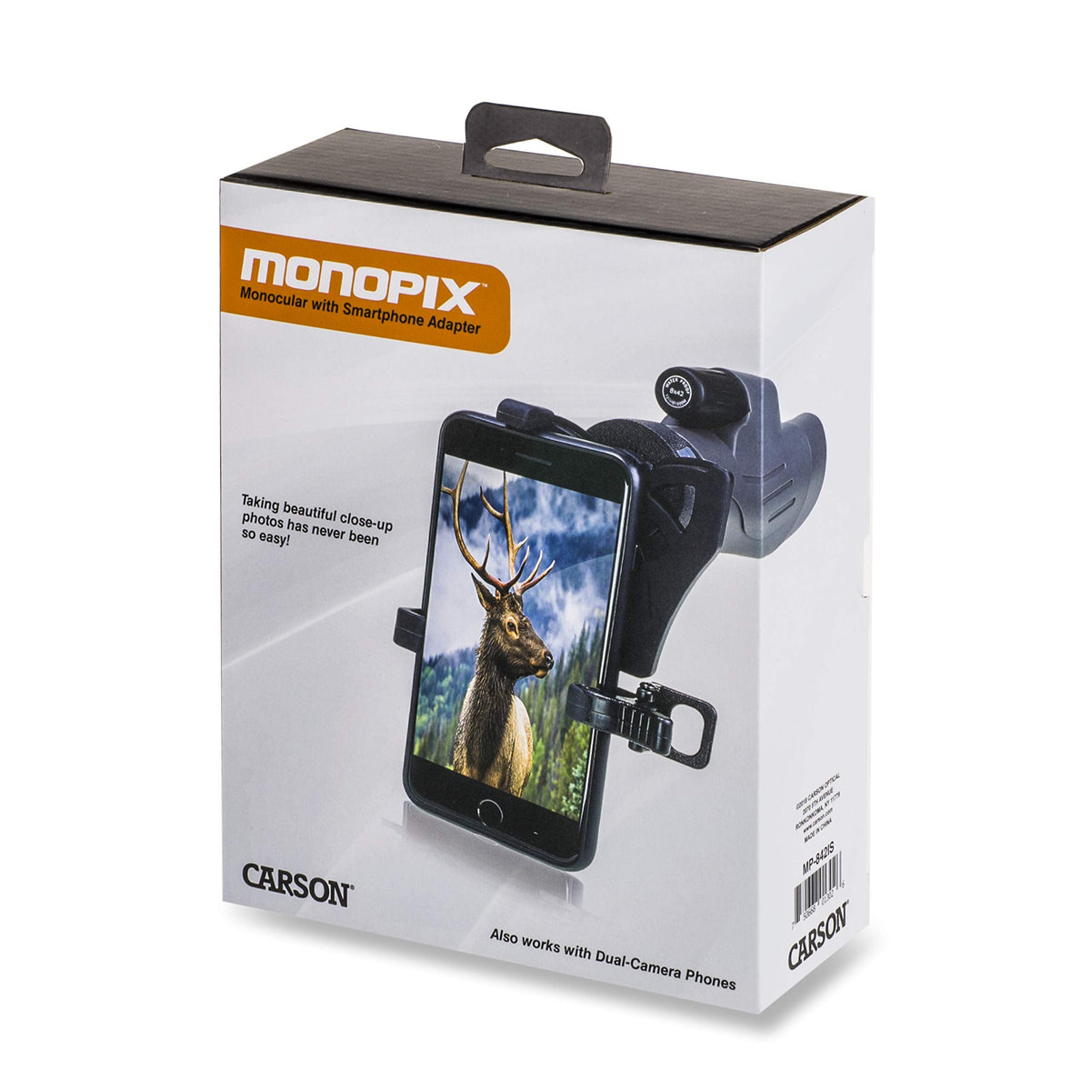 Carson MonoPix Smartphone Digiscoping Adapter Bundle with 8x42mm Waterproof Monocular for Hunting, Bird Watching, Sight Seeing, Sporting Events, Wildlife Viewing, Target Shooting & More (MP-842IS)