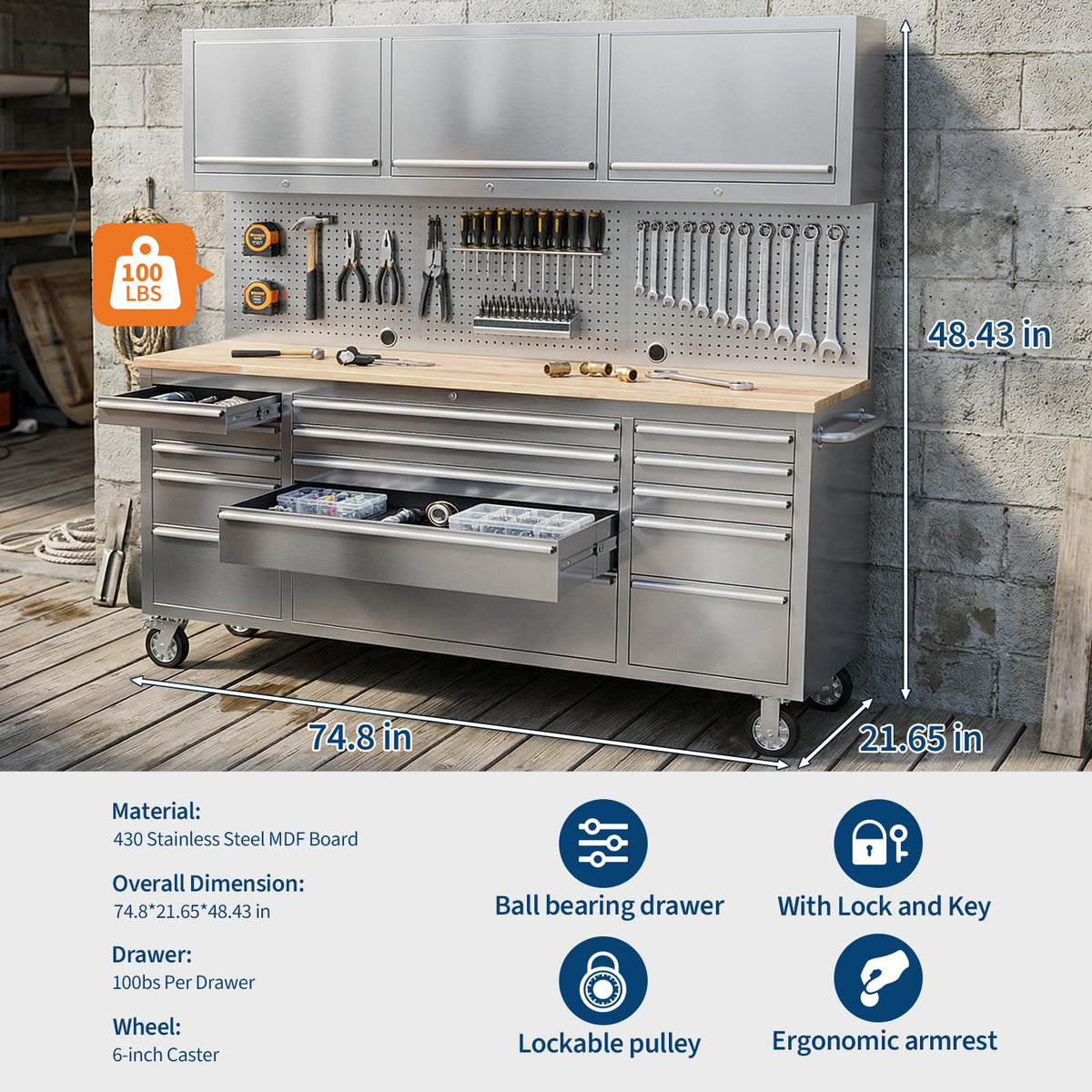 GarveeTech 72-Inch Heavy-Duty Rolling Tool Chest & Mobile Workbench, 15 Drawers & 3 Top Cabinets, Rubber Wood Tabletop, Key Locking System, Drawer Liners, Wheels, Steel Storage Cabinet for Garage