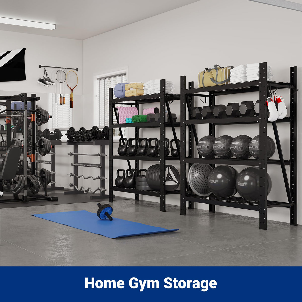 FLEXIMOUNTS Garage Shelving Heavy Duty, 49.6" W 4-Tier 10000LBS Industrial Shelving Unit with 4 Hooks, Adjustable Storage Shelves for Garage, Basement, Warehouse, 71" H x 49.6" W x 23.6" D