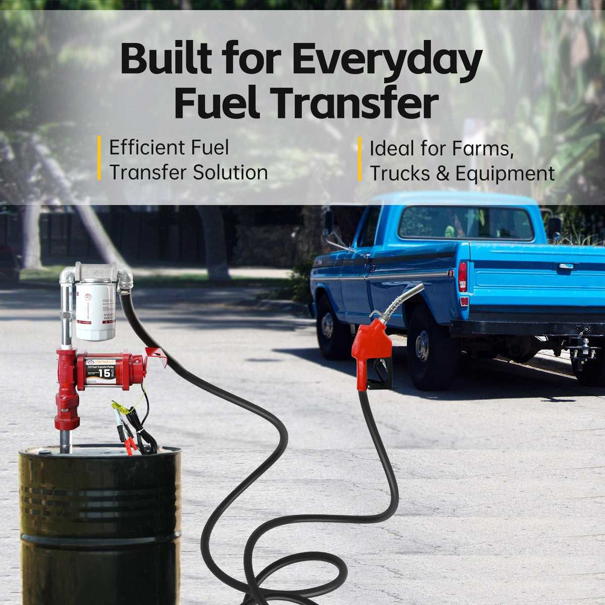 FMCNMech 12V Fuel Transfer Pump, 15 GPM Diesel Transfer Pump Kit with Automatic Shut-Off Nozzle, Heavy-Duty Fuel Pump with 13 ft Hose for Gasoline, Diesel & Kerosene