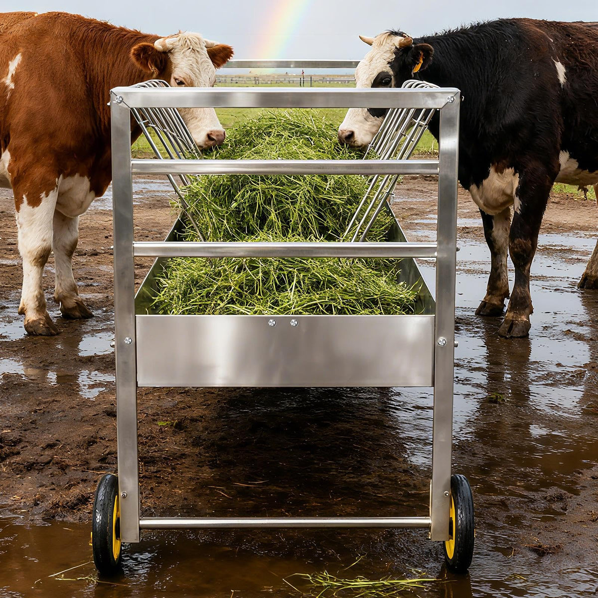 Goat Hay Feeder with Wheels, Goat Feeder 2โinโ1 Galvanized Steel HeavyโDuty Design, Large Capacity RustโProof Livestock Feeder, Easy to Clean Mobile Cart for Goats, Sheep, Horses & Ponies