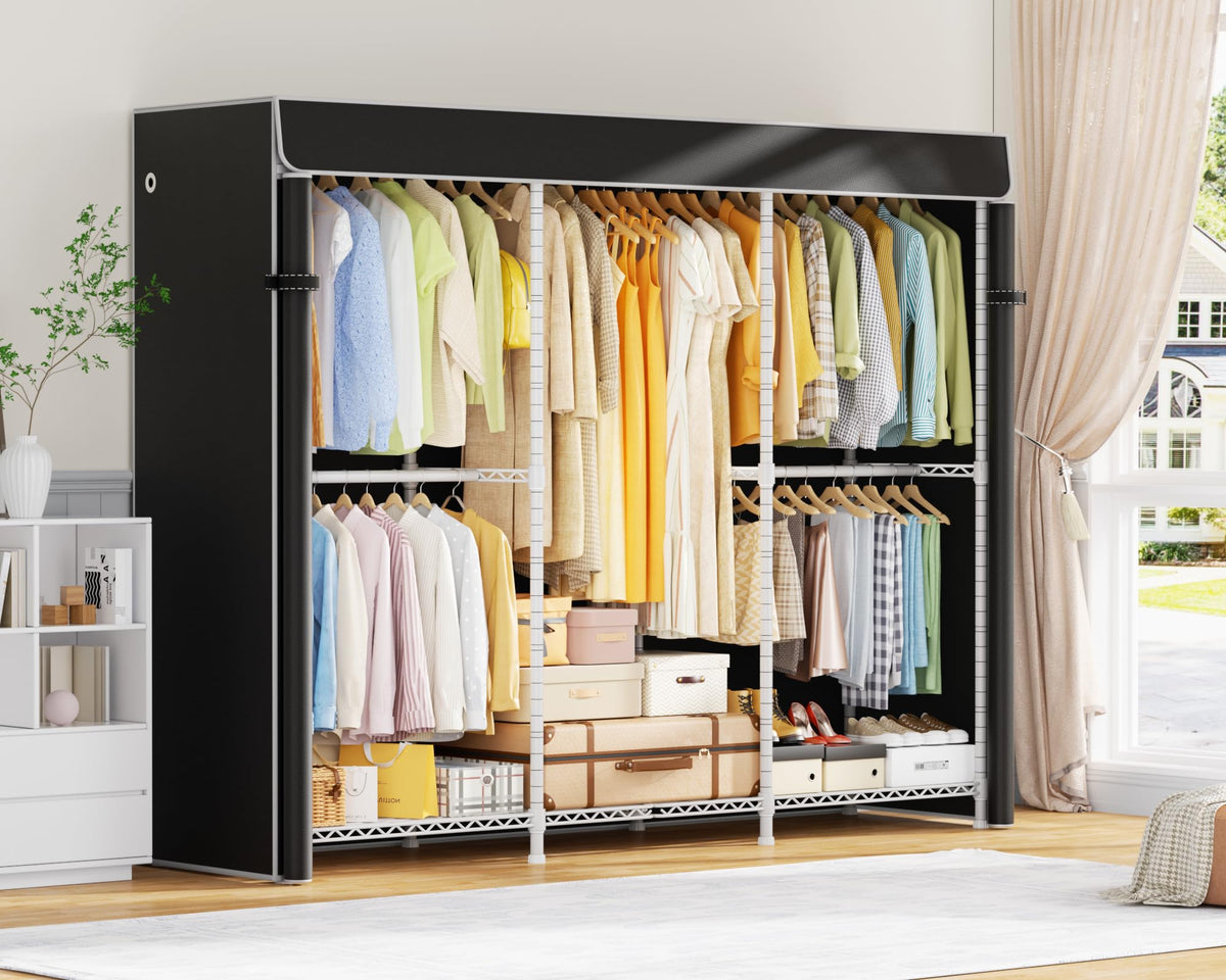 ULIFHOME E14C Pro Heavy Duty Closet Organizer System,Freestanding Clothing Racks for Hanging Clothes,Adjustable Garment Rack 69" W × 16" D × 77" H Hold 960 lbs,White Rack with Black Dustproof Cover