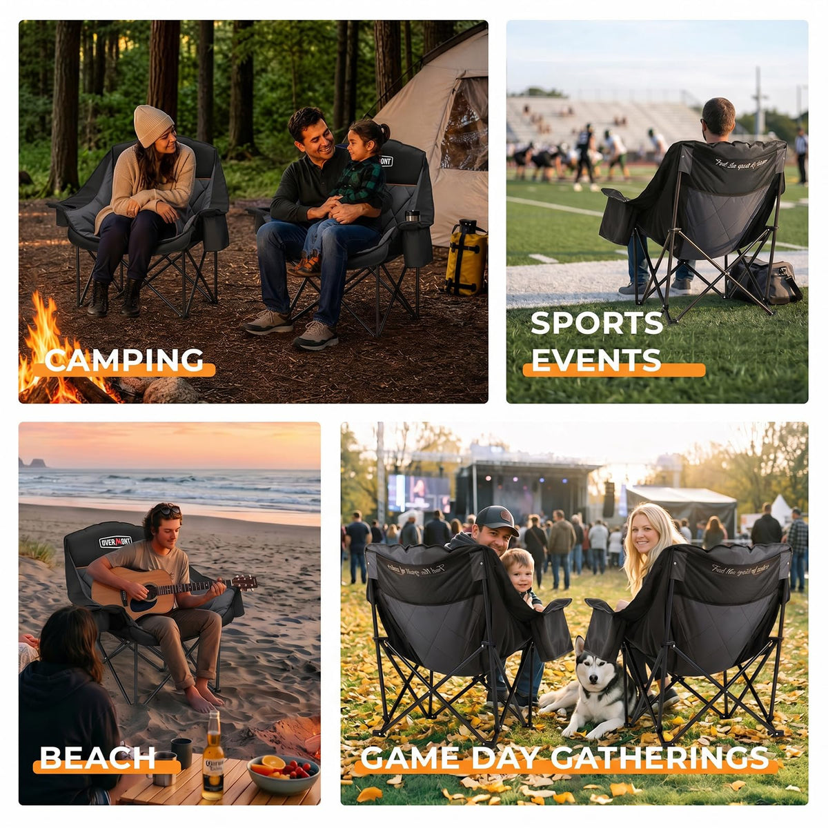 Overmont Oversized XL Camping Chair for Adults - 500lbs Support Heavy-Duty Padded Folding Chair with Side Pocket Cup Holder Cooling Bag for Outdoor Sports Garden Beach Fishing Lawn Black 2pcs