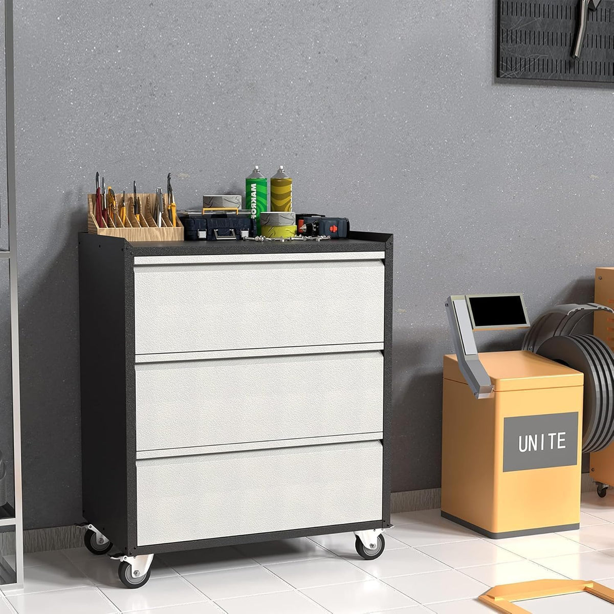 IDEALHOUSE Heavy Duty Rolling Tool Cabinet with 3 Drawers - Industrial Metal Storage Cart for Garage & Workshop Organization, Mobile Tool Chest (Gray)