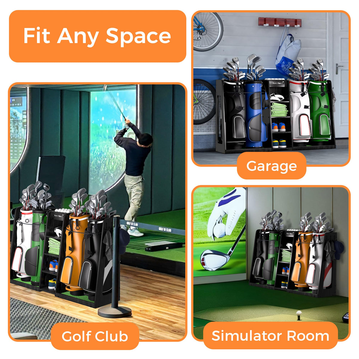 SuniBoxi Golf Organizer for Garage, XL Wooden Golf Bag Storage Rack for 4 Bags, Clubs, Balls & Equipment, Heavy-Duty Golf Bag Holder, Ideal Gift for Golfers, Dad, Husband(4 Bags,Dark Black)