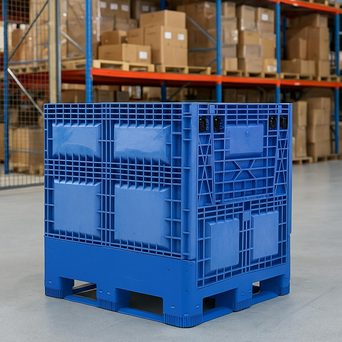 Buckhorn 48" x 40" x 46" Collapsible Bulk Box Container, General Purpose Plastic Stacking Gaylord Box with 4-Way Forklift Access and 2 Drop Doors, 1100 lb Capacity Storage Tote, Blue (BG48404602)