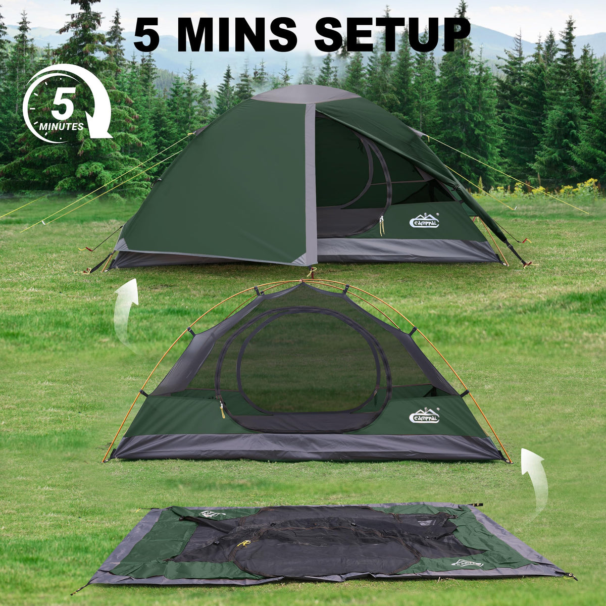 2 Person Backpacking Tent, Waterproof Windproof Two Person Tent, Lightweight Easy Setup 2 Man Tent for Camping, Hiking, Biking, Cycling, Motorbiking, Mountaineering - Green
