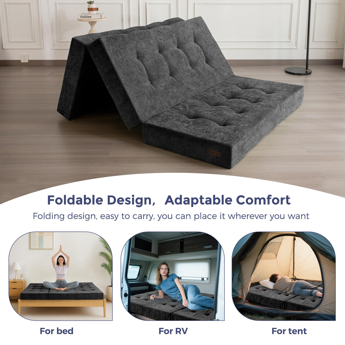MAXYOYO 6" Folding Sofa Bed for Floor, Tufted Tri-Fold Floor Couch Bed with Chenille Fabric, Twin Size Portable Sofa Couch Guest Mat for Adults, Foldable Topper for Camping, Dark Grey, 35.4"x75"