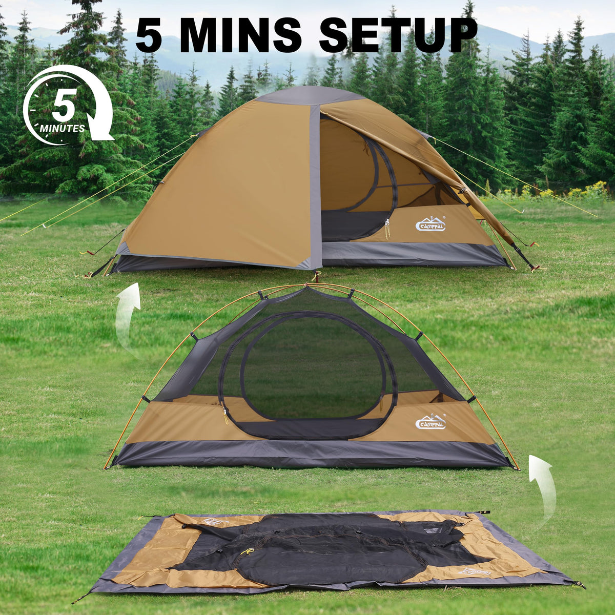 2 Person Backpacking Tent, Waterproof Windproof Two Person Tent, Lightweight Easy Setup 2 Man Tent for Camping, Hiking, Biking, Cycling, Motorbiking, Mountaineering - Khaki