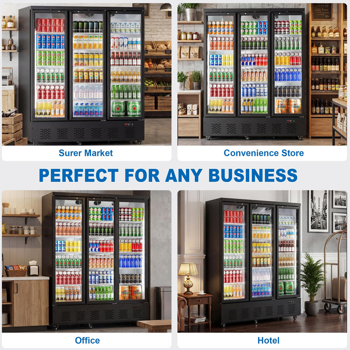Ferueo 45 Cu.Ft Commercial Beverage Refrigerator, 2 Glass Door Merchandiser Refrigerator with Lock, Upright Reach-in Display Cooler for Restaurant, Bar and Grocery, 10 Adjustable Shelves, 32°F-47°F