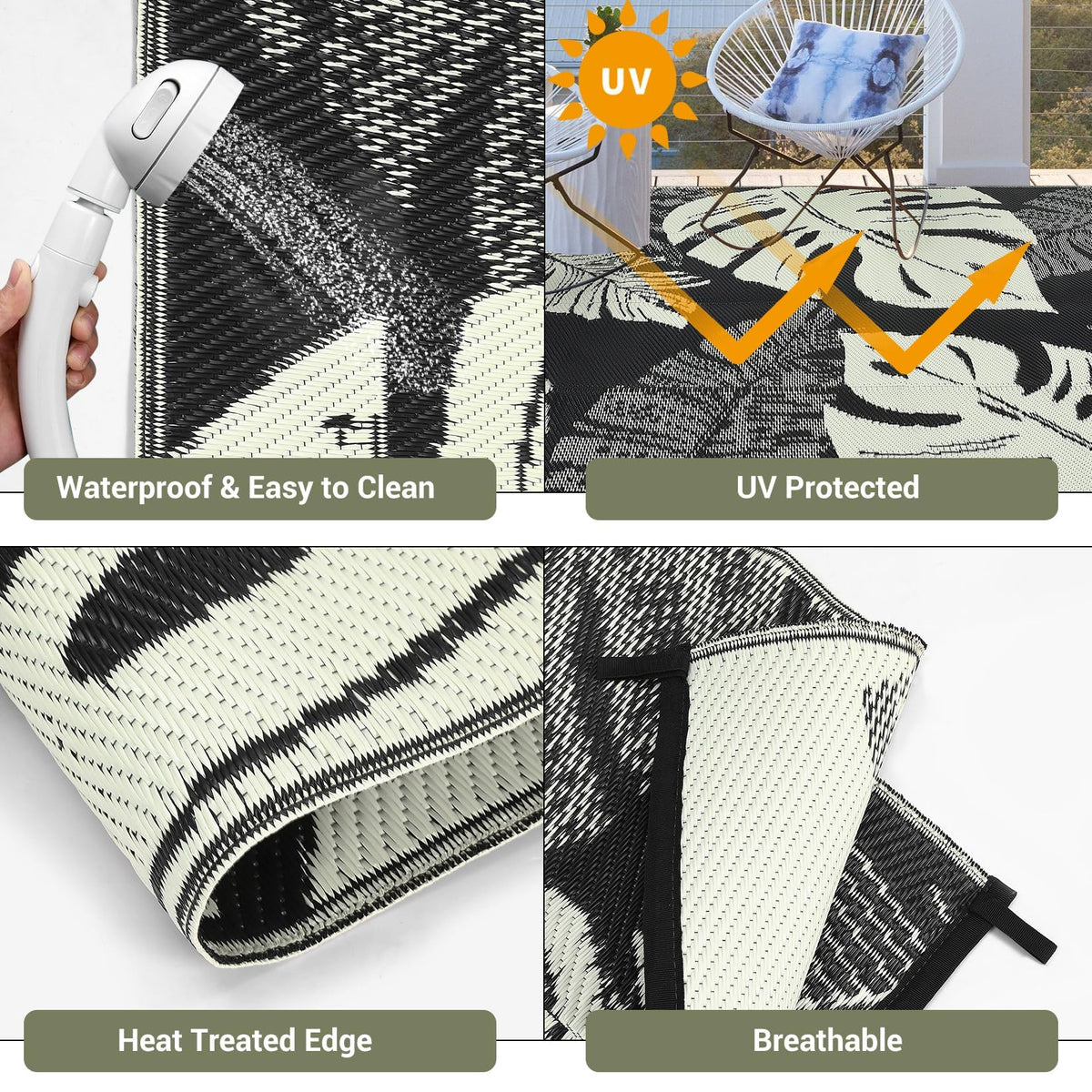 MilleLoom Waterproof Plastic Straw Outdoor Rug 9x18 Patio Reversible UV Resistant Foldable Camping Carpet Modern Leaf Print Large Outdoor Rugs for Deck, Porch, Camper, Balcony, Beach,Black/Beige