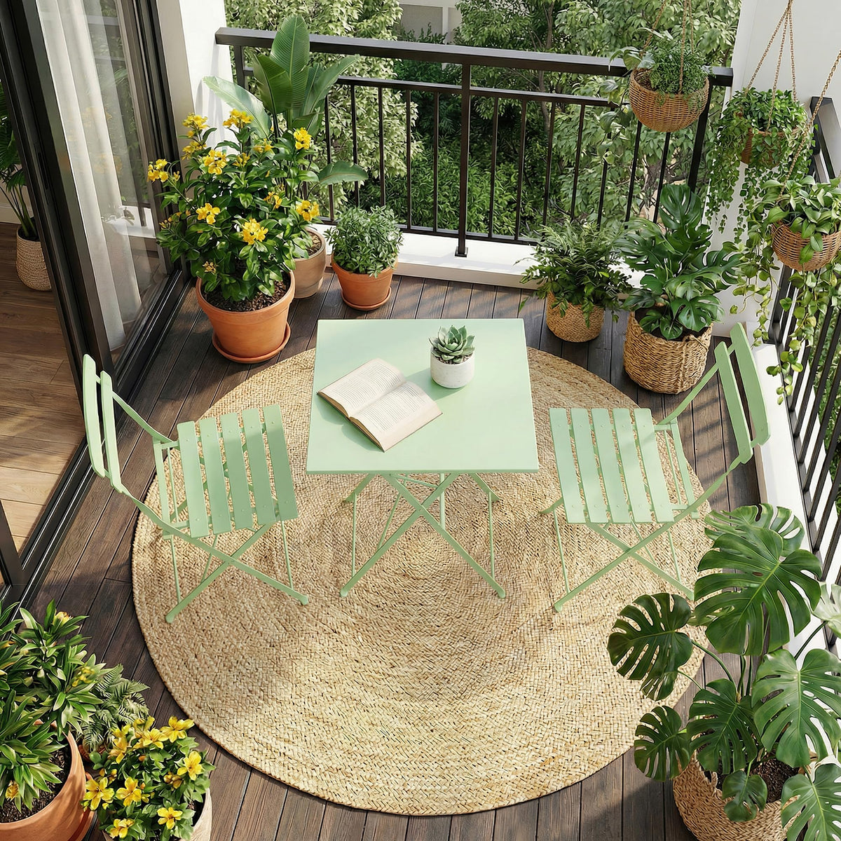 Garvee 3-Piece Patio Bistro Set – Metal Frame Folding Patio Furniture, Outdoor/Indoor Bistro Table and Chairs Set, No Assembly Needed, for Balcony, Yard, Garden, Green